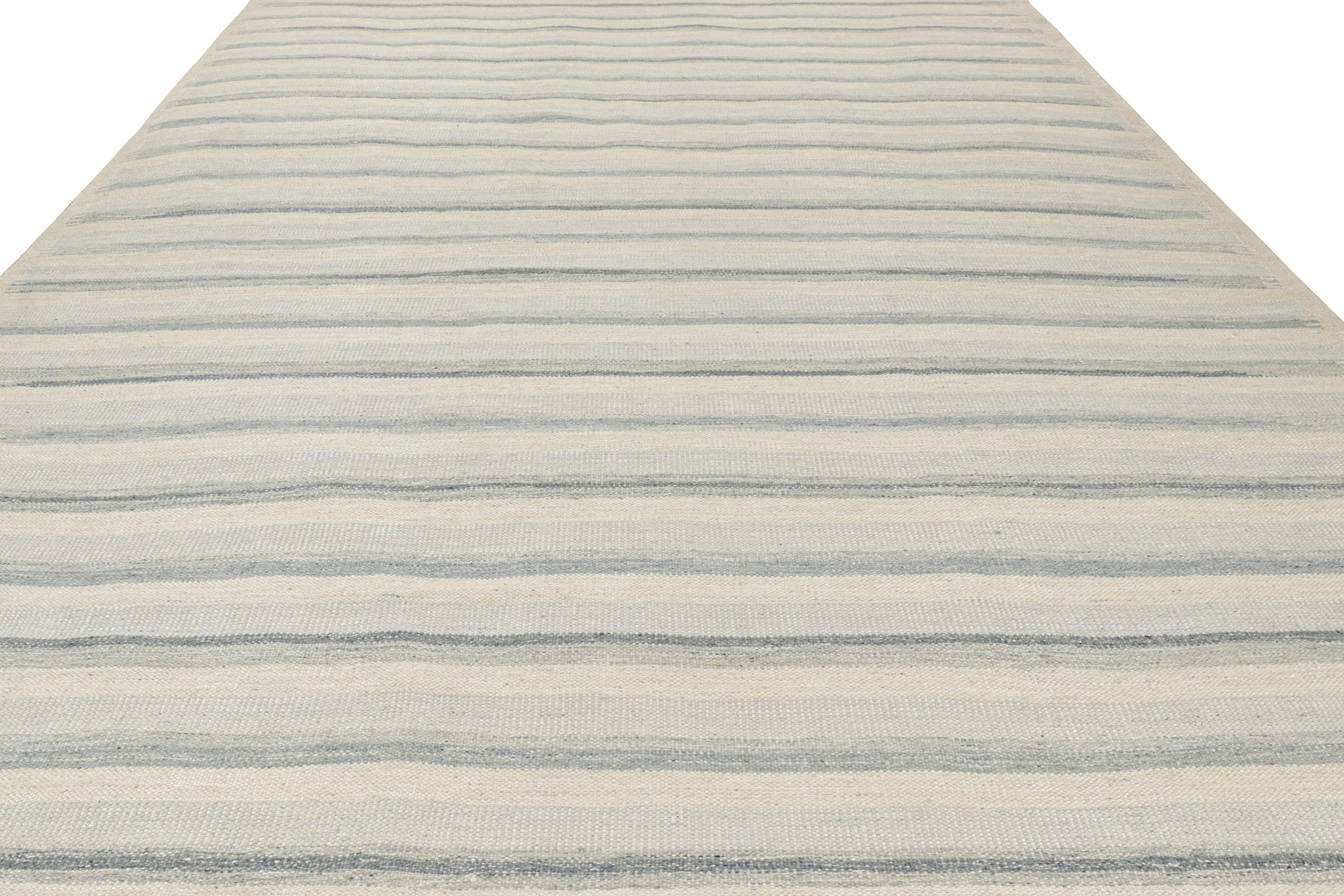 Hand-Woven Rug & Kilim's Oversized Scandinavian Style Rug in White and Blue Stripes For Sale