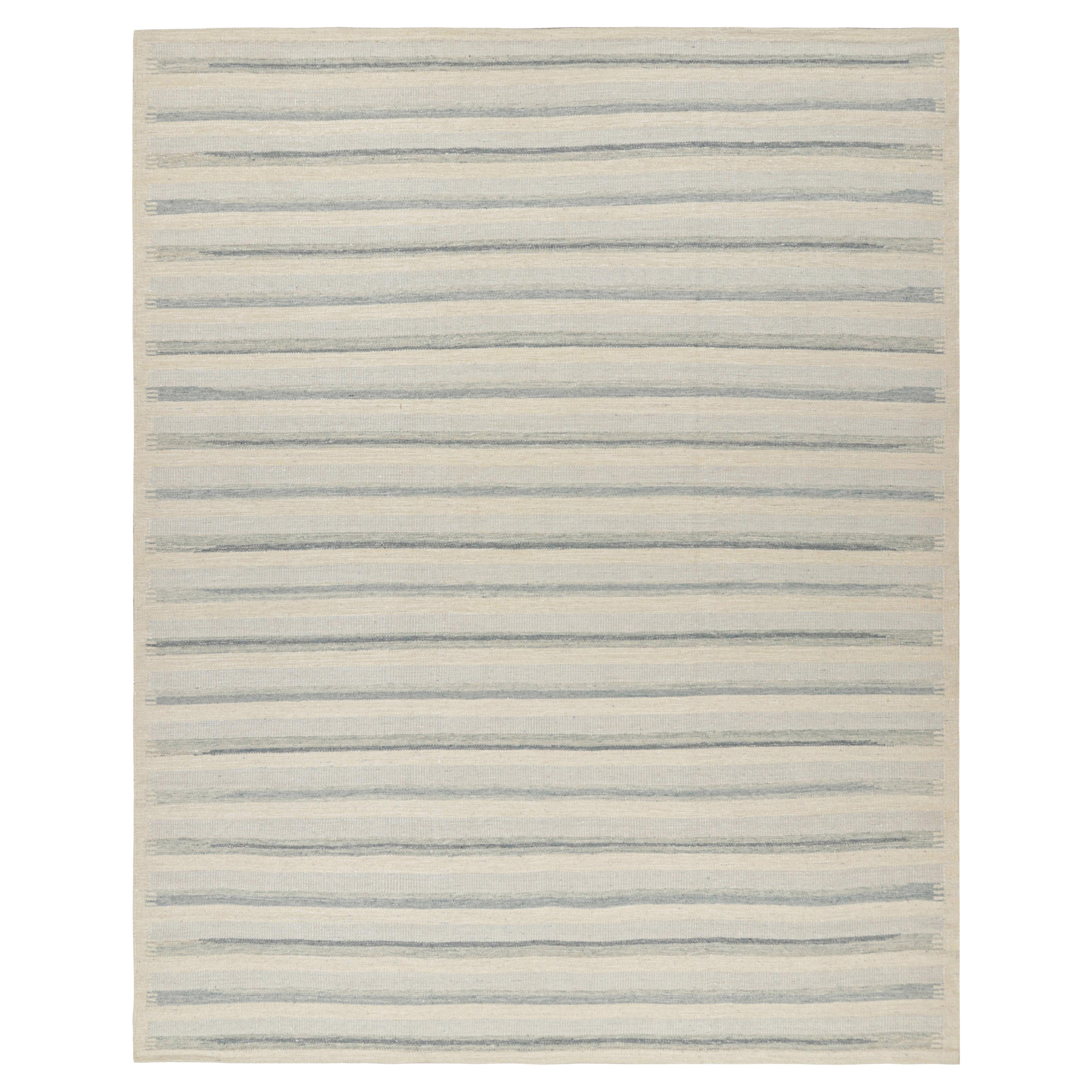 Rug & Kilim's Oversized Scandinavian Style Rug in White and Blue Stripes For Sale