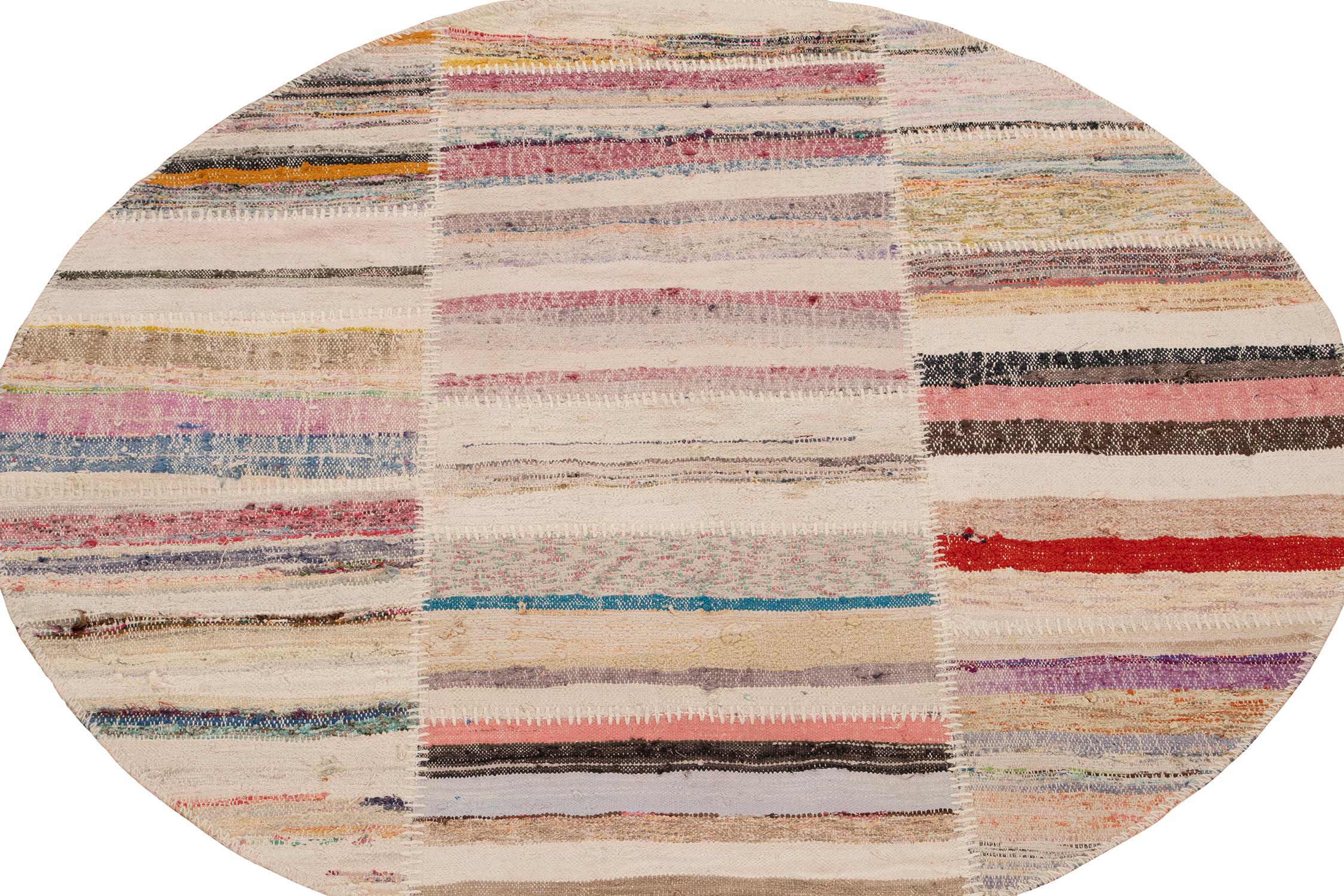 Rug & Kilim presents a contemporary 5’ circle rug from their innovative new patchwork kilim collection.
Further on the design:
This flat weave technique repurposes vintage yarns in polychromatic stripes and striae, achieving a playful look with