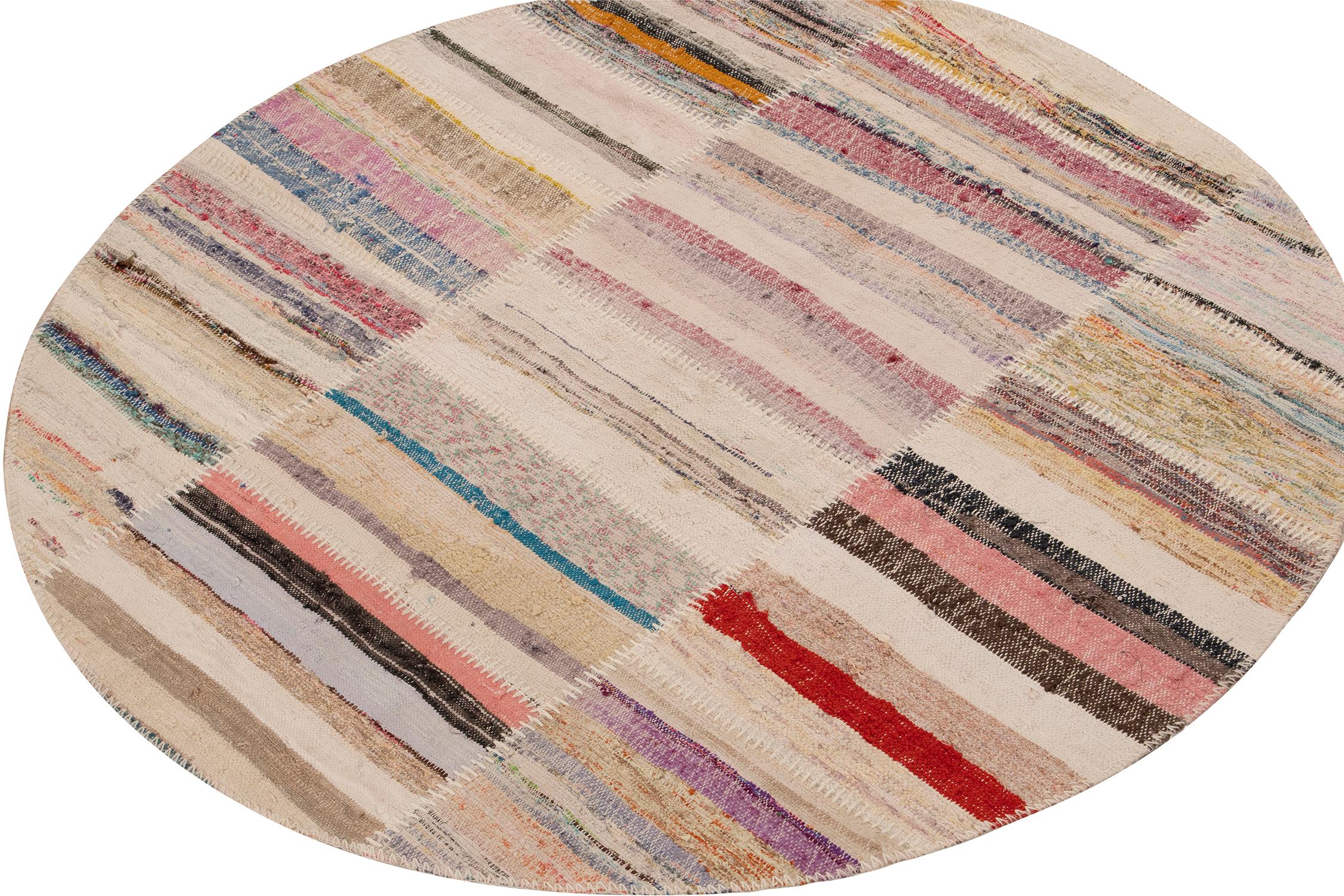 Modern Rug & Kilim’s Patchwork Kilim Circle Rug in Polychromatic Stripes For Sale