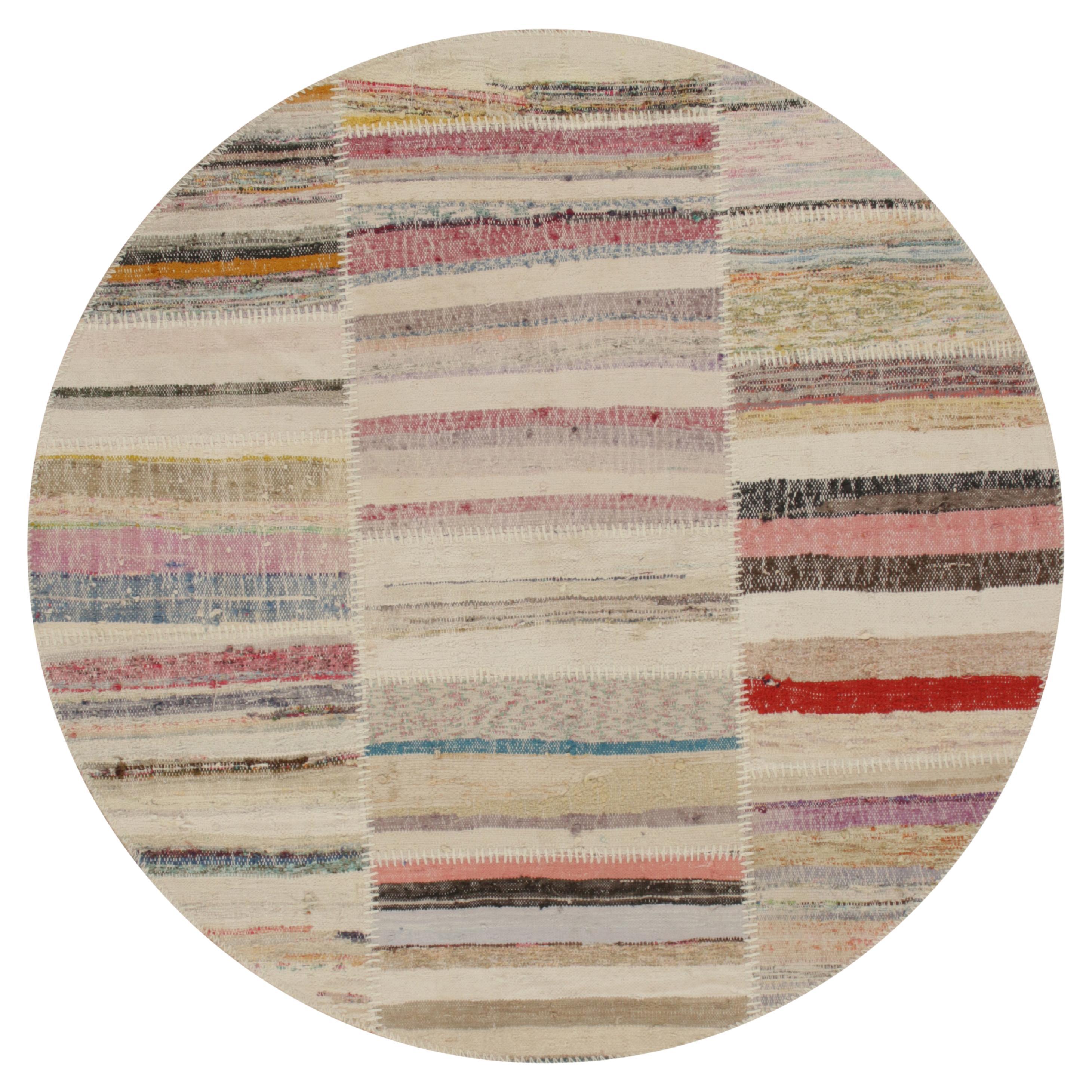 Rug & Kilim’s Patchwork Kilim Circle Rug in Polychromatic Stripes For Sale