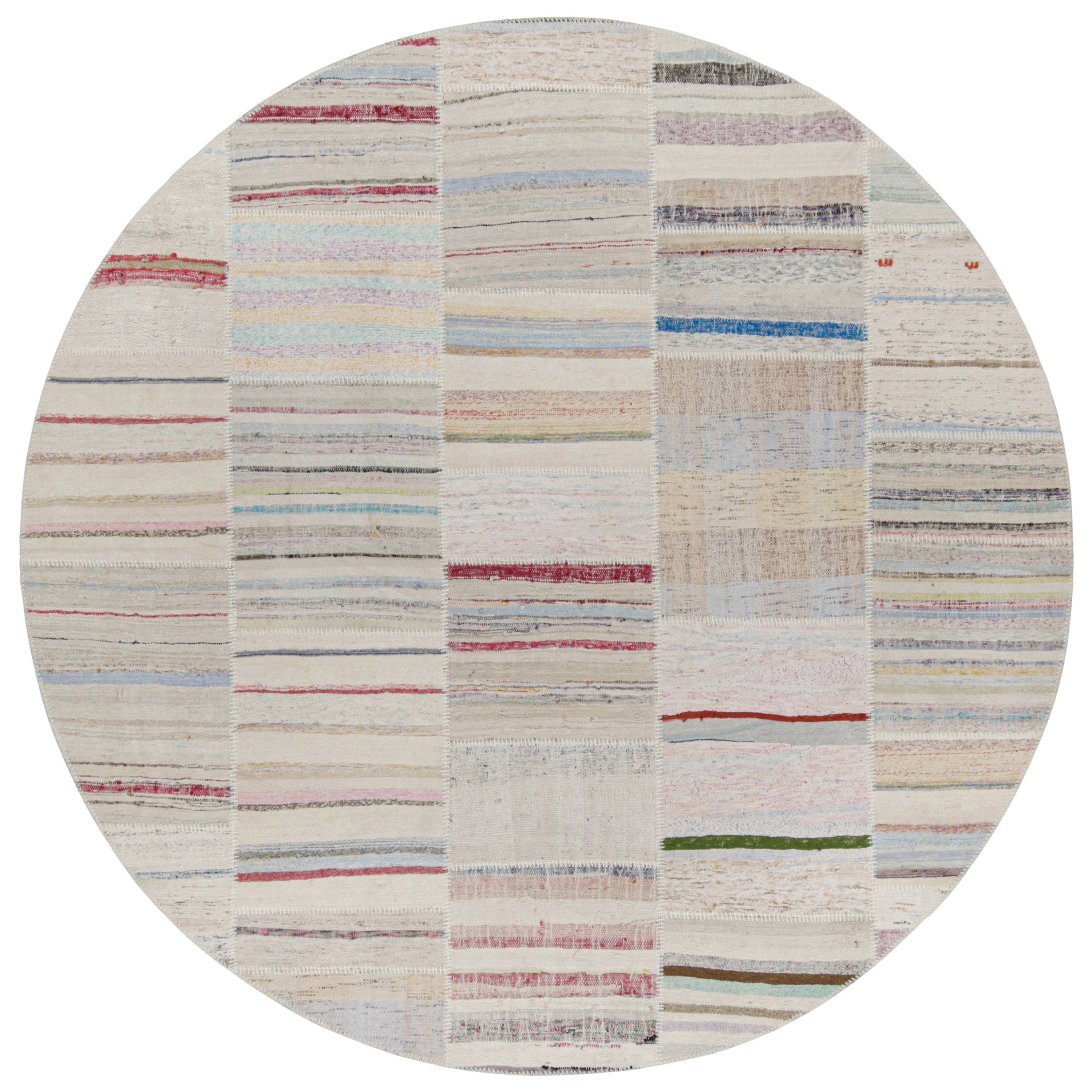 Rug & Kilim’s Patchwork Kilim Circle Rug in Polychromatic Stripes