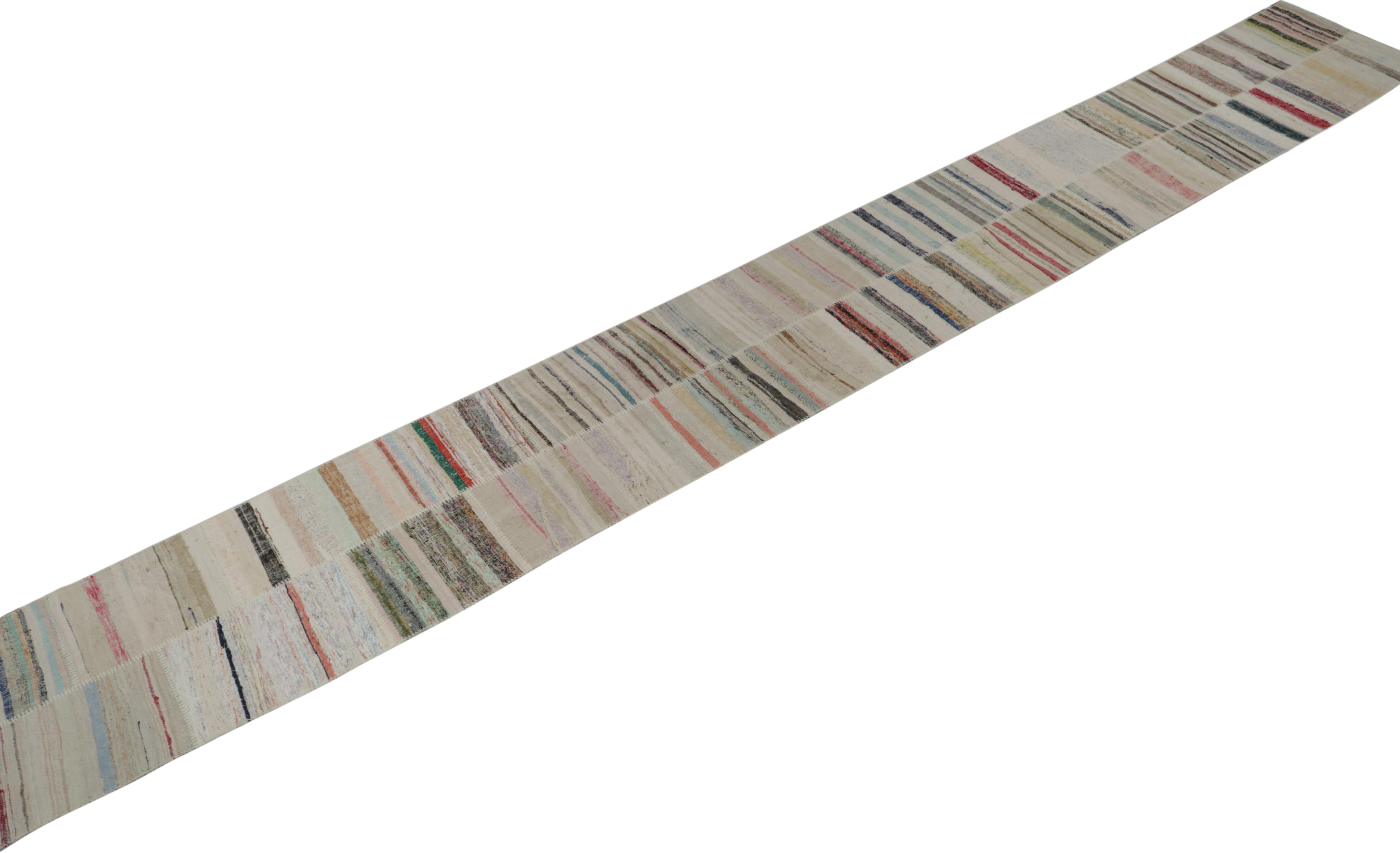 Rug & Kilim presents a contemporary 3x25 oversized runner from their innovative new patchwork kilim collection. 

On the Design: 

This flat weave technique repurposes vintage yarns in polychromatic stripes and striae, achieving a playful look