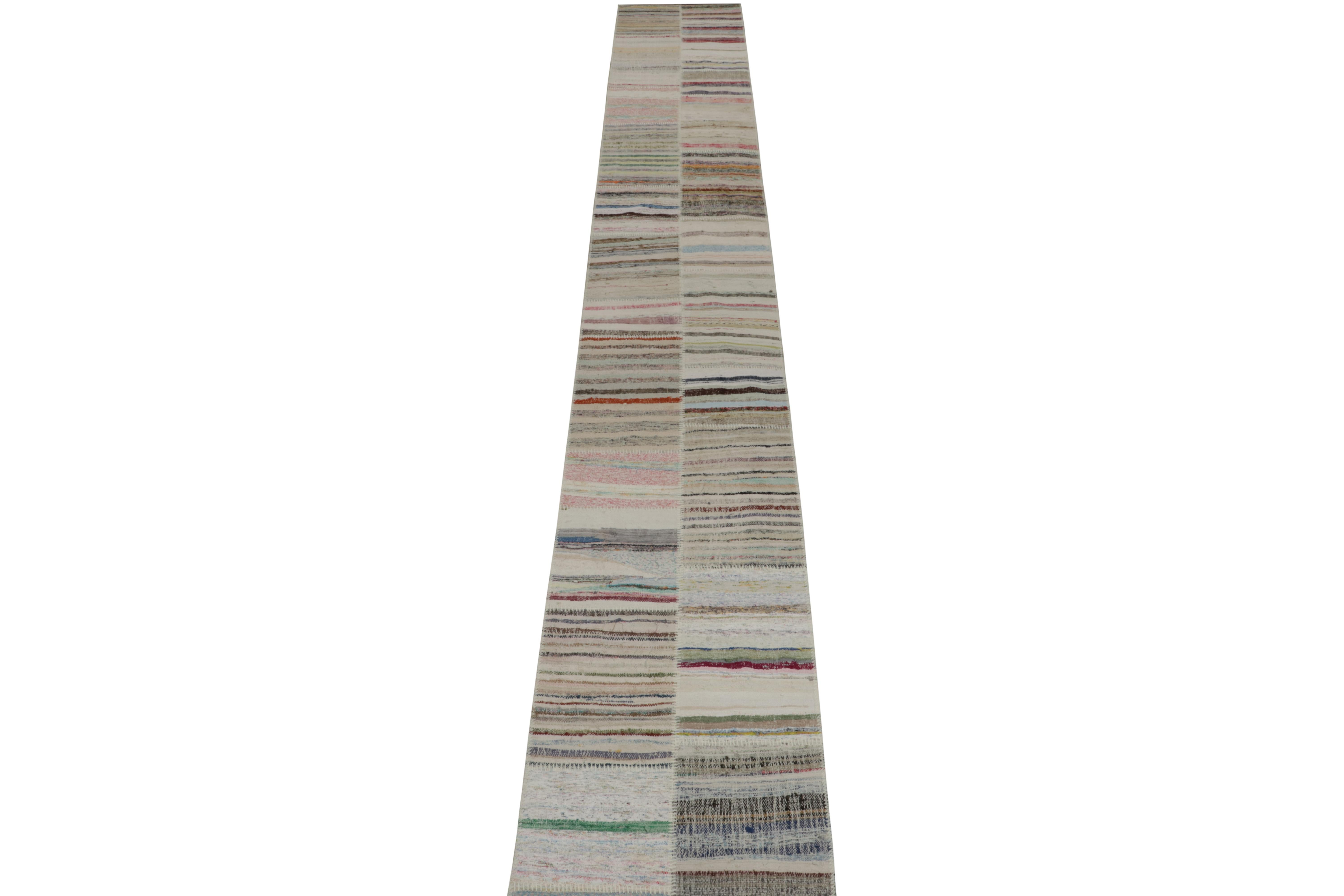 Modern Rug & Kilim’s Patchwork Kilim Extra-Long Runner in Polychromatic Stripes For Sale