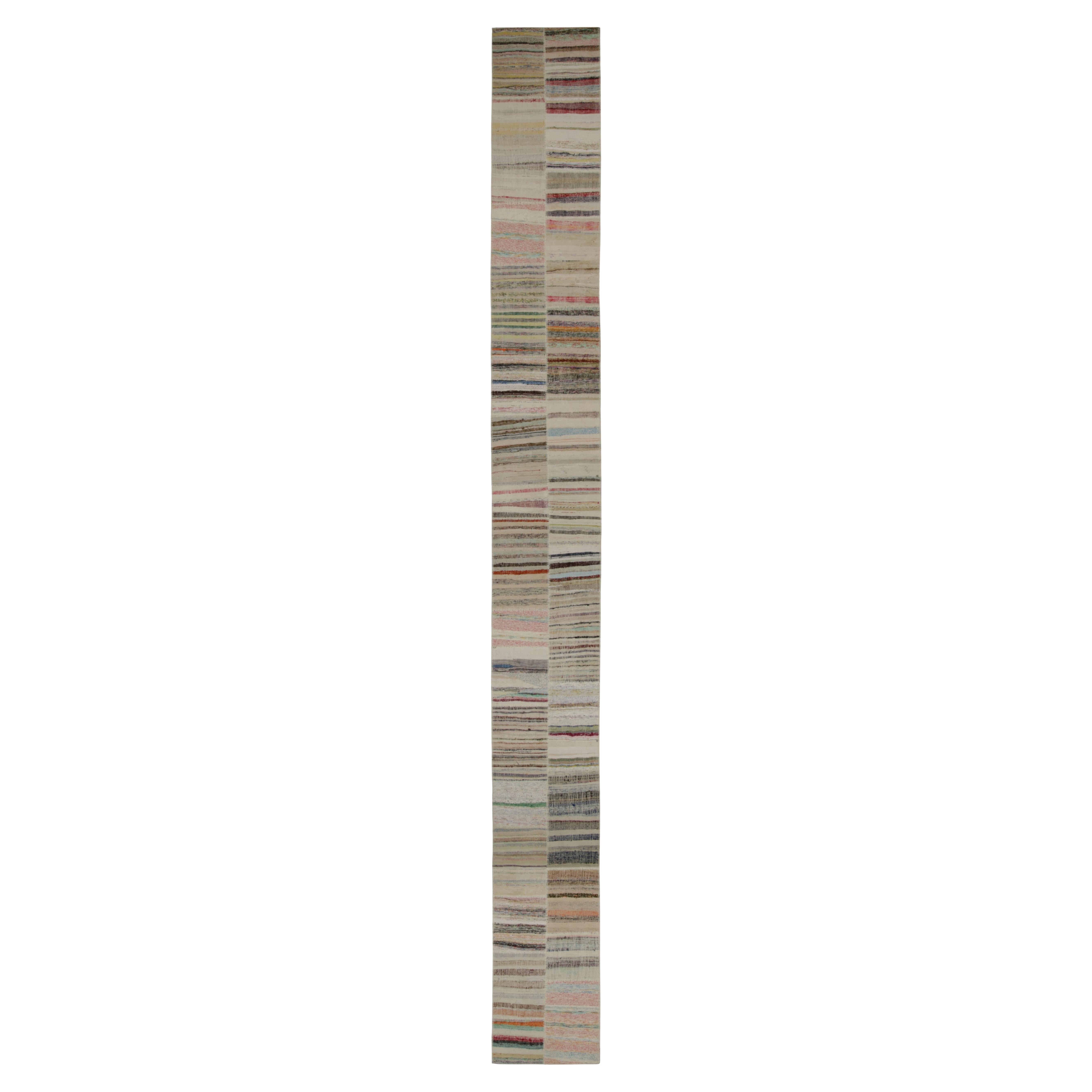 Rug & Kilim’s Patchwork Kilim Extra-Long Runner in Polychromatic Stripes For Sale