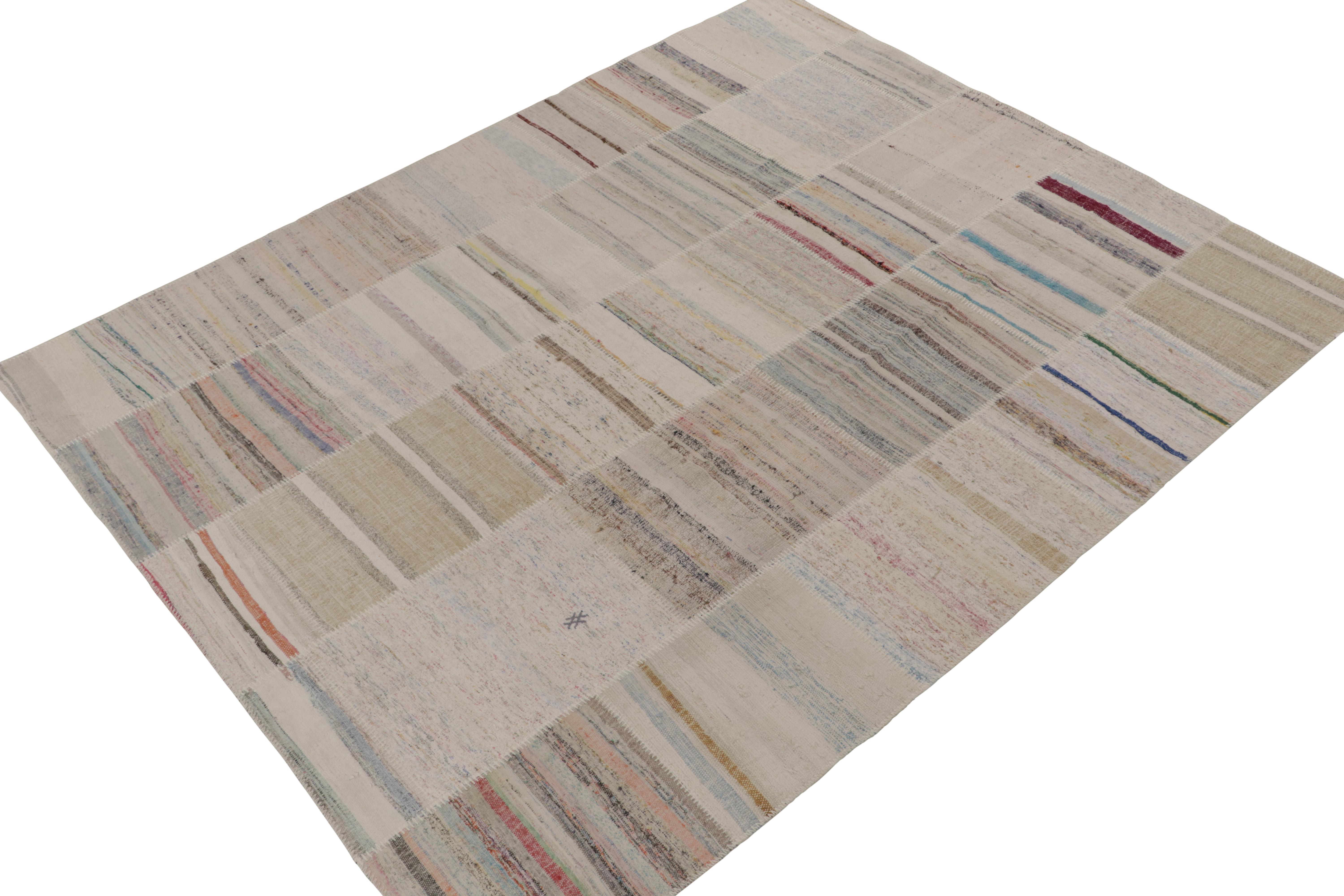 Handwoven in wool, Rug & Kilim presents an 8x10 contemporary rug from their innovative new patchwork kilim collection. 

On the Design: 

This flat weave technique repurposes vintage yarns in polychromatic stripes and striae, achieving a playful