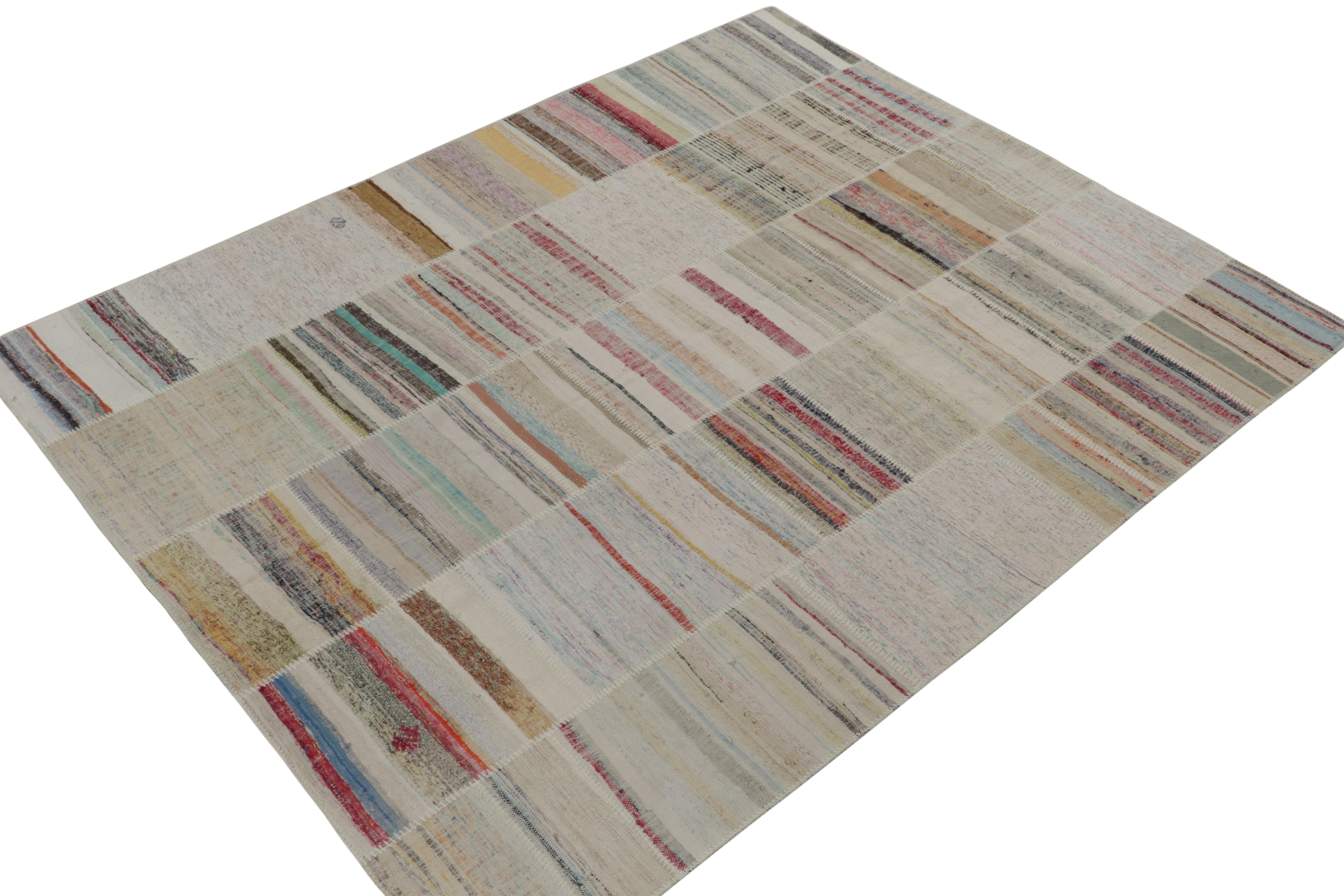 Handwoven in wool, Rug & Kilim presents a spacious 8x10 contemporary rug from their innovative new patchwork kilim collection. 

On the Design: 

This flat weave technique repurposes vintage yarns in polychromatic stripes and striae, achieving a