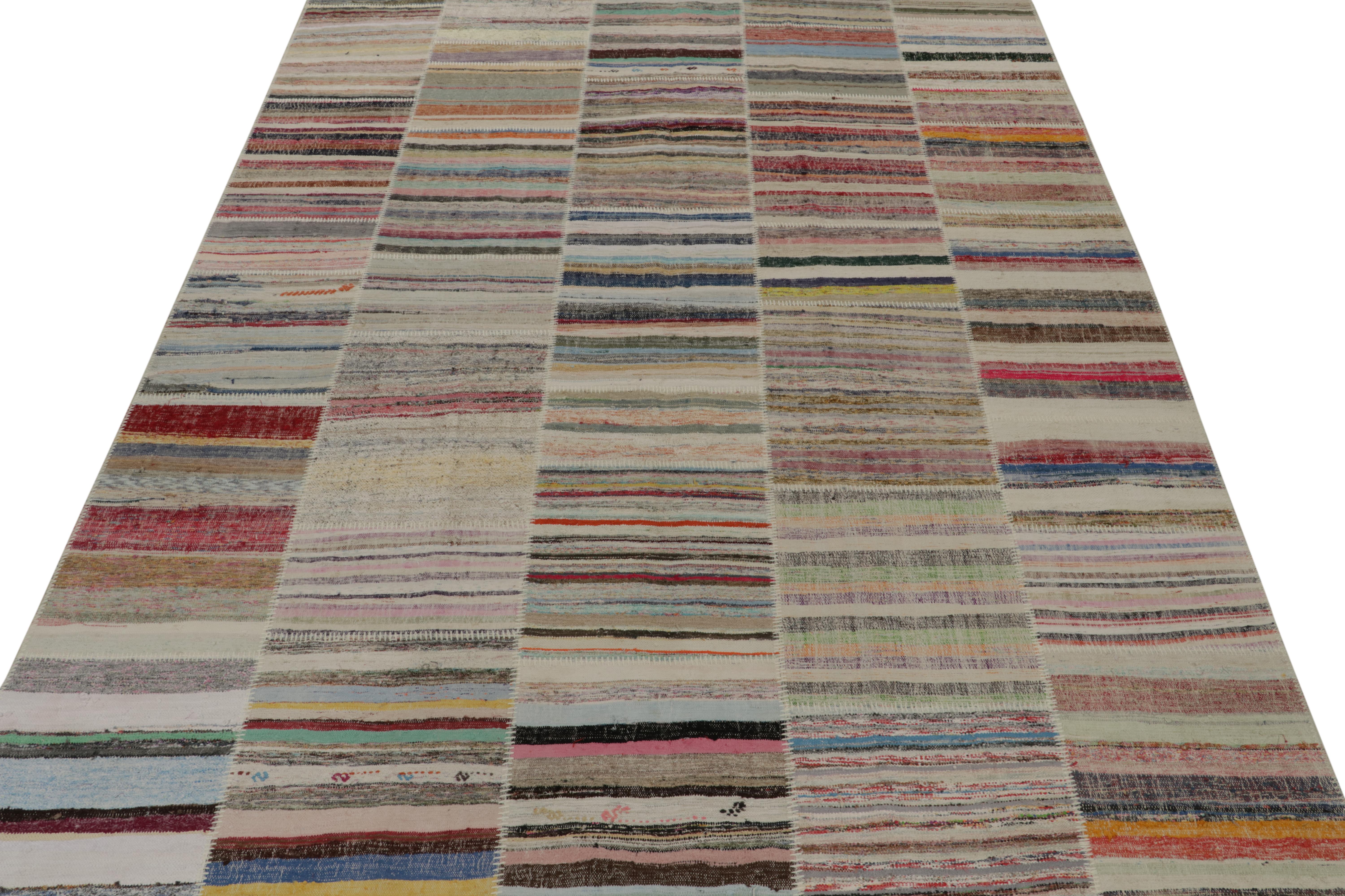 Modern Rug & Kilim’s Patchwork Kilim in Polychromatic Stripes For Sale