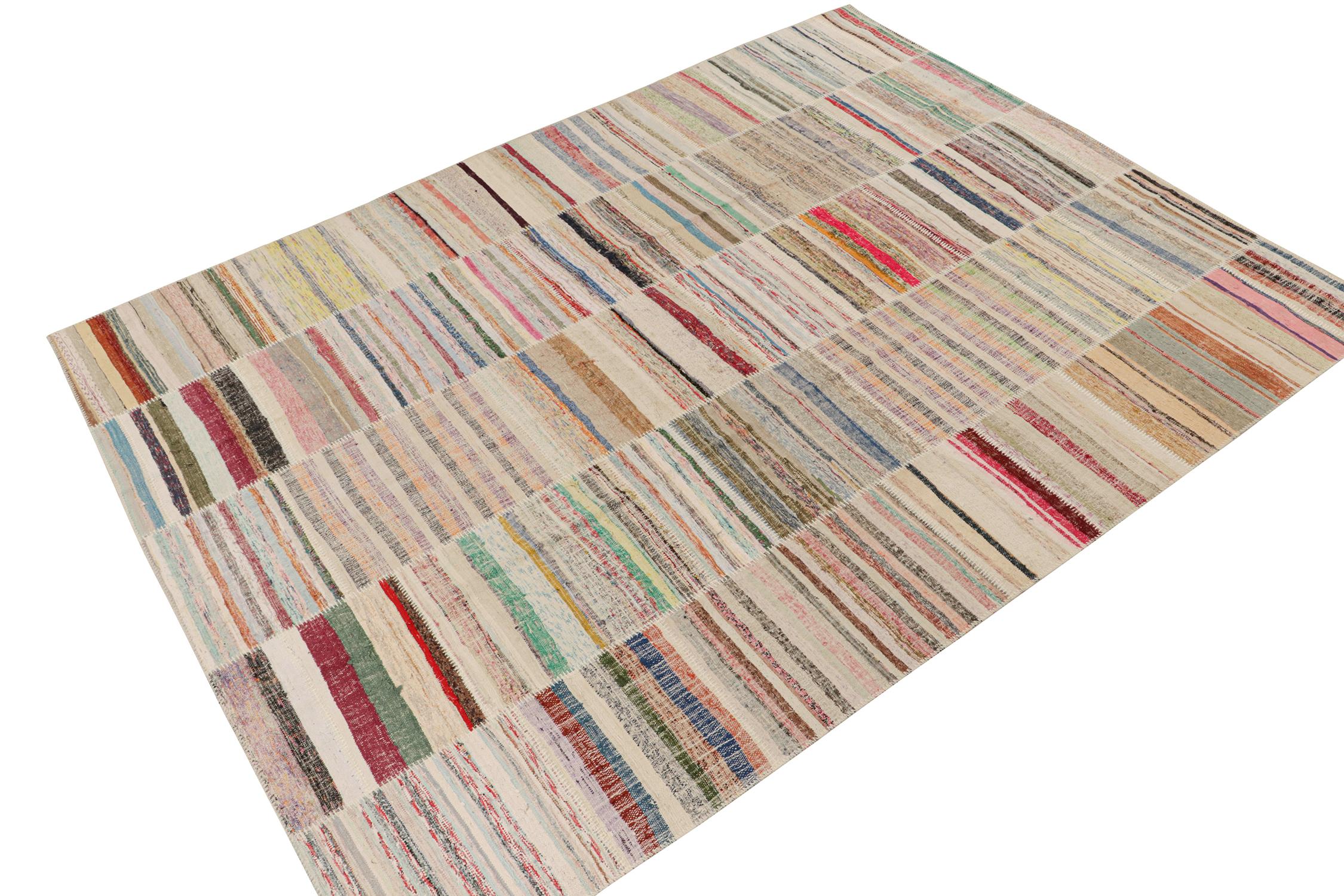 Rug & Kilim presents a contemporary 9x12 rug from their innovative new patchwork kilim collection. 

On the Design: 

This flat weave technique repurposes vintage yarns in polychromatic stripes and striae, achieving a playful look with fabulous
