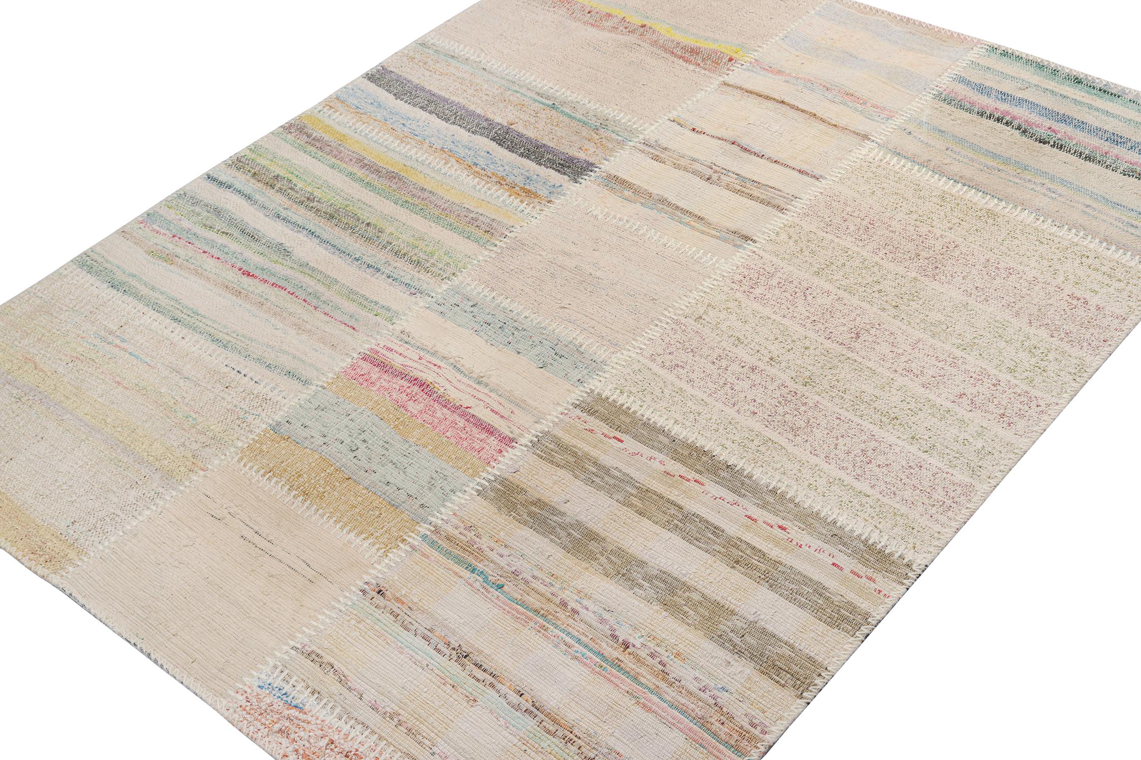 Rug & Kilim presents a contemporary 4x5 rug from their innovative new patchwork kilim collection. 

On the Design: 

This flat weave technique repurposes vintage yarns in polychromatic stripes and striae, achieving a playful look with fabulous