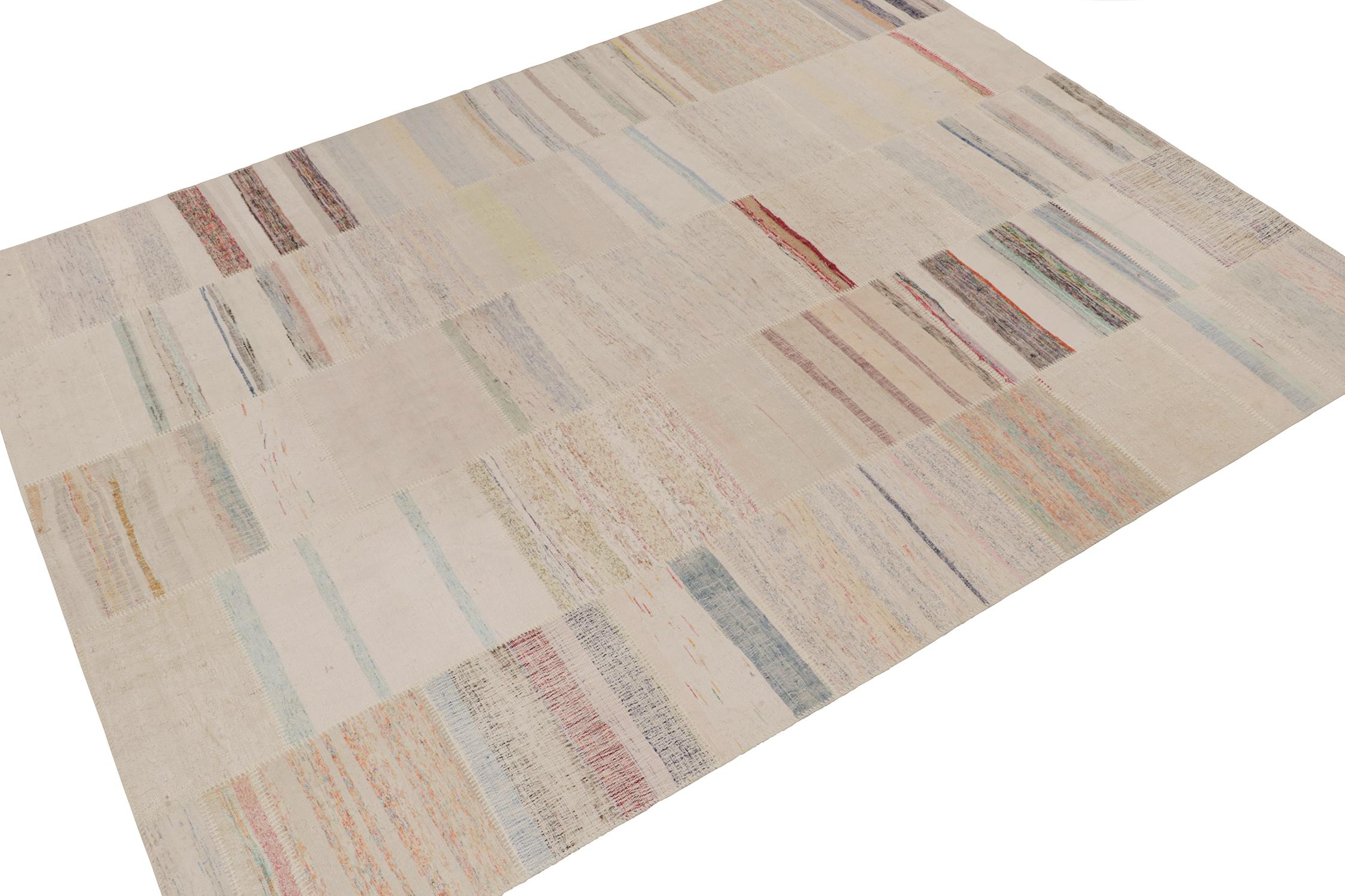 Rug & Kilim presents a contemporary 9x12 rug from their innovative new patchwork kilim collection. 

On the Design: 

This flat weave technique repurposes vintage yarns in polychromatic stripes and striae, achieving a playful look with fabulous