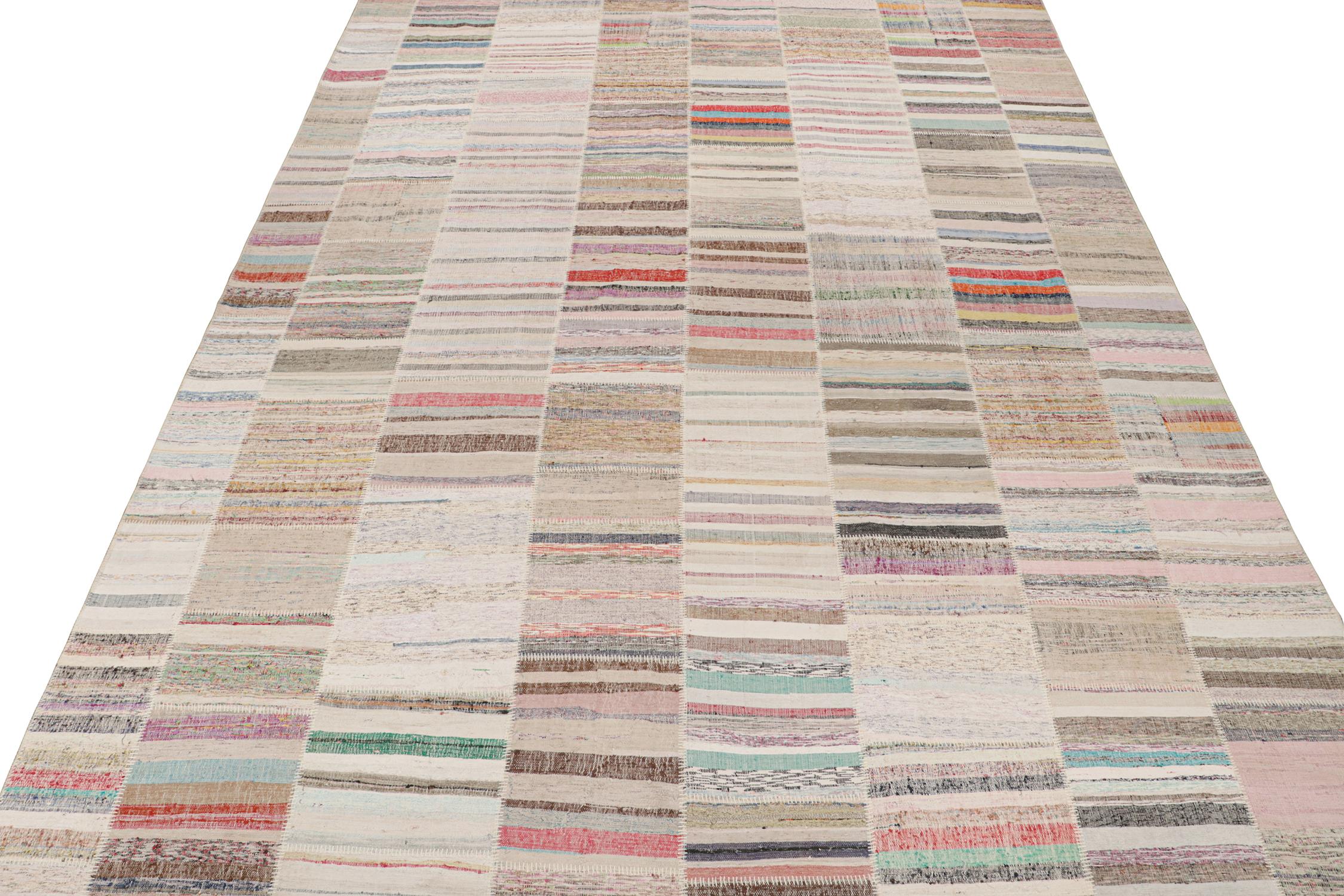 Rug & Kilim presents a contemporary 13x19 rug from their innovative new patchwork Kilim collection. 

Further On the Design:

This flat weave technique repurposes vintage yarns in polychromatic stripes and striae, achieving a playful look with
