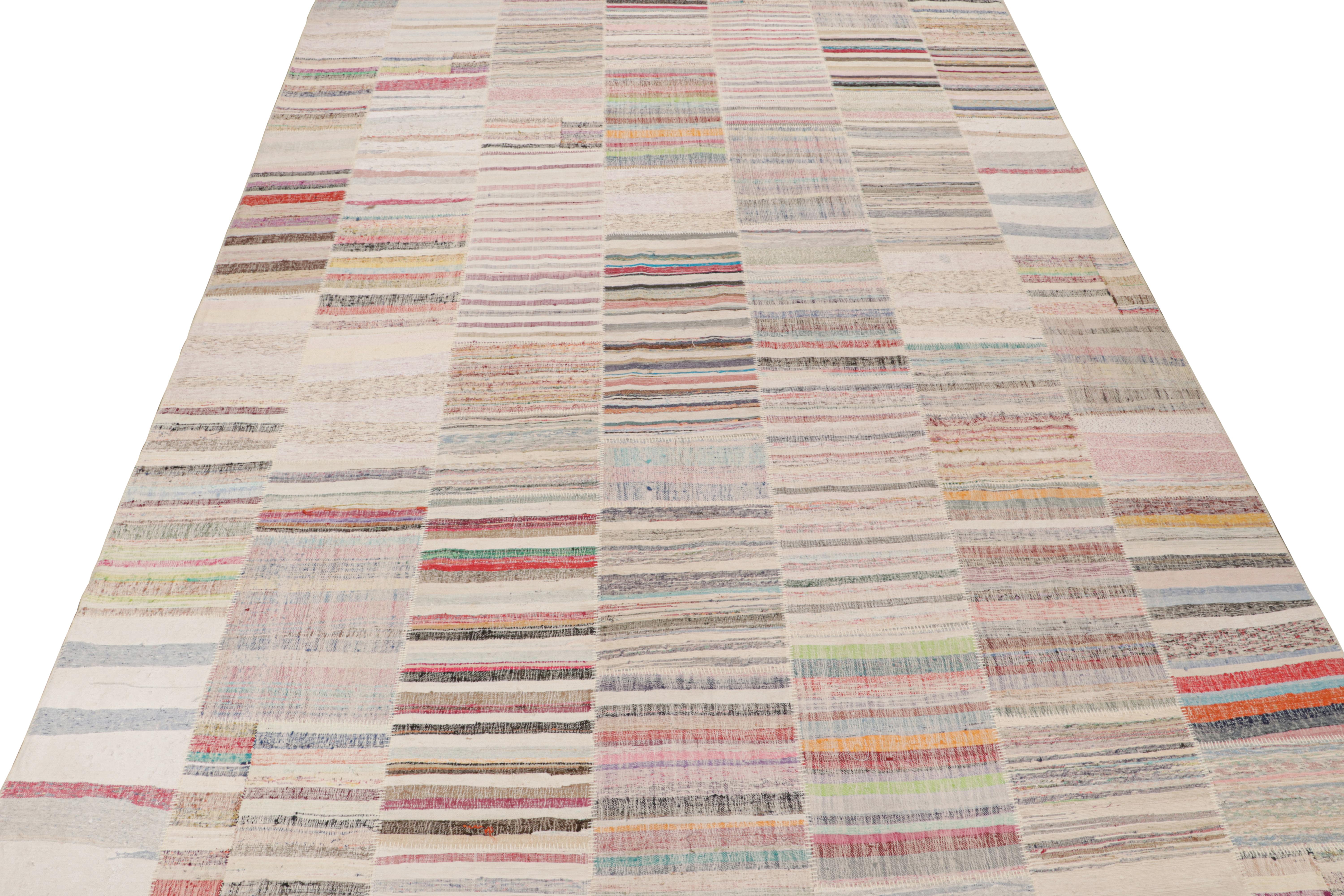 Rug & Kilim presents a contemporary 13x19 rug from their innovative new patchwork Kilim collection.

Further On the Design:

This flat weave technique repurposes vintage yarns in polychromatic stripes and striae, achieving a playful look with