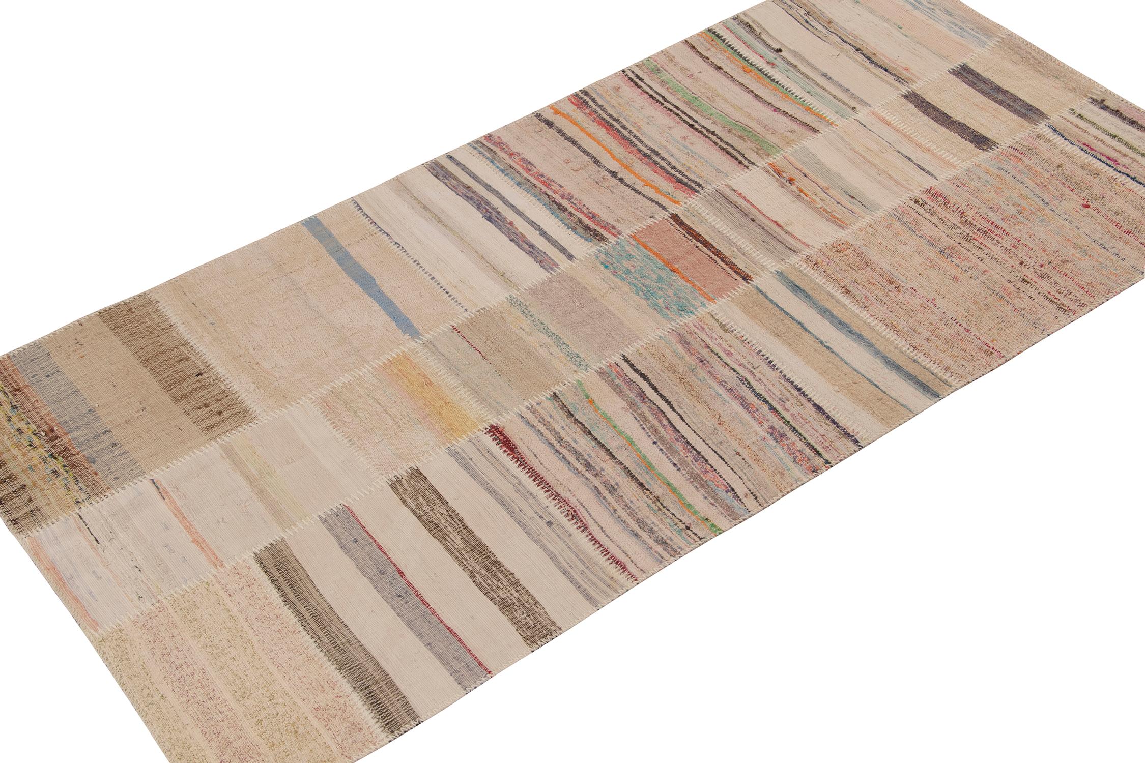 Rug & Kilim presents a contemporary 4x8 rug from their innovative new patchwork kilim collection.
Further On the Design:
This flat weave technique repurposes vintage yarns in polychromatic stripes and striae, achieving a playful look with fabulous