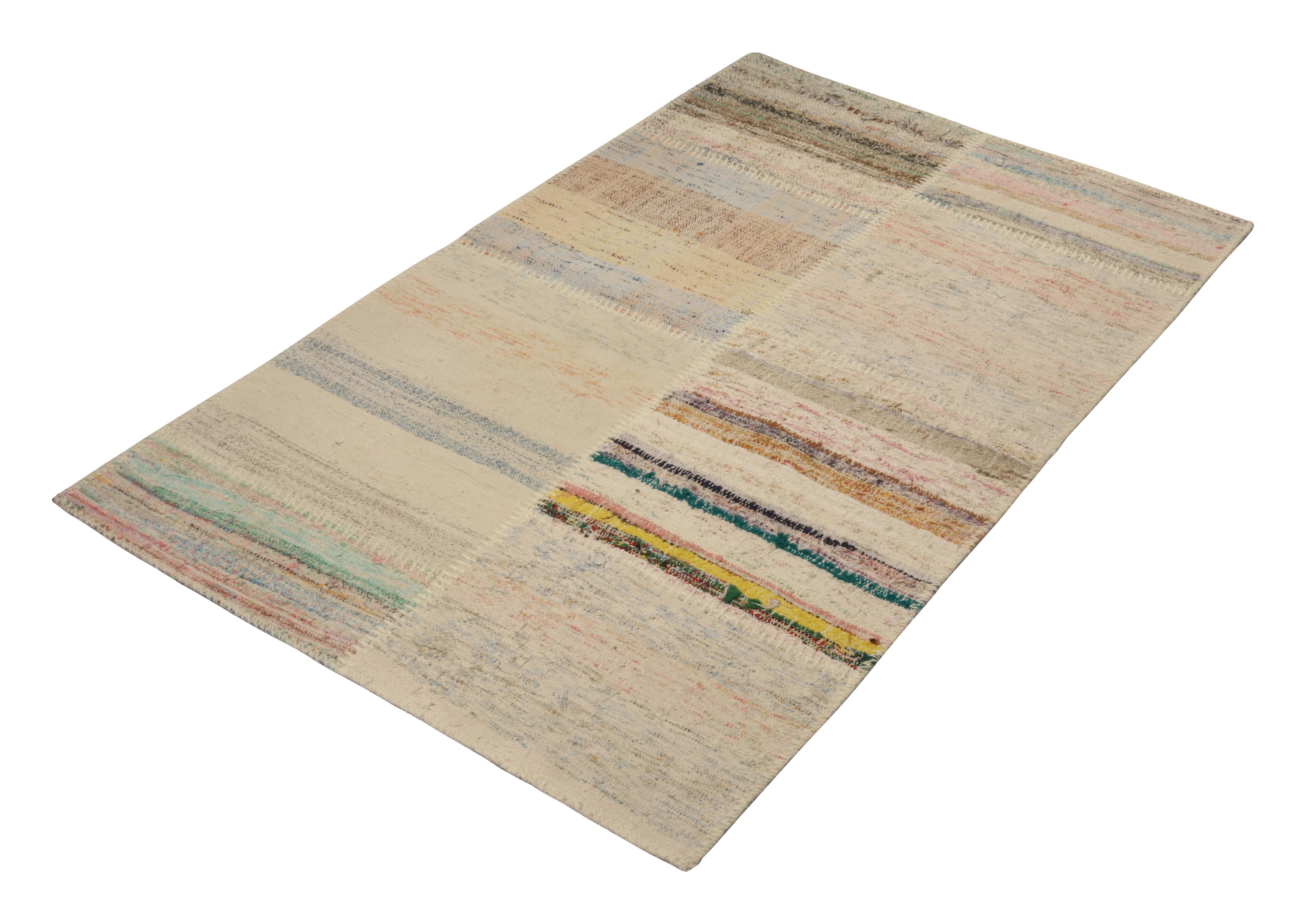Handwoven in wool, Rug & Kilim presents a 3x5 contemporary rug from their innovative new patchwork kilim collection. 

On the Design: 

This flat weave technique repurposes vintage yarns in polychromatic stripes and striae, achieving a playful look