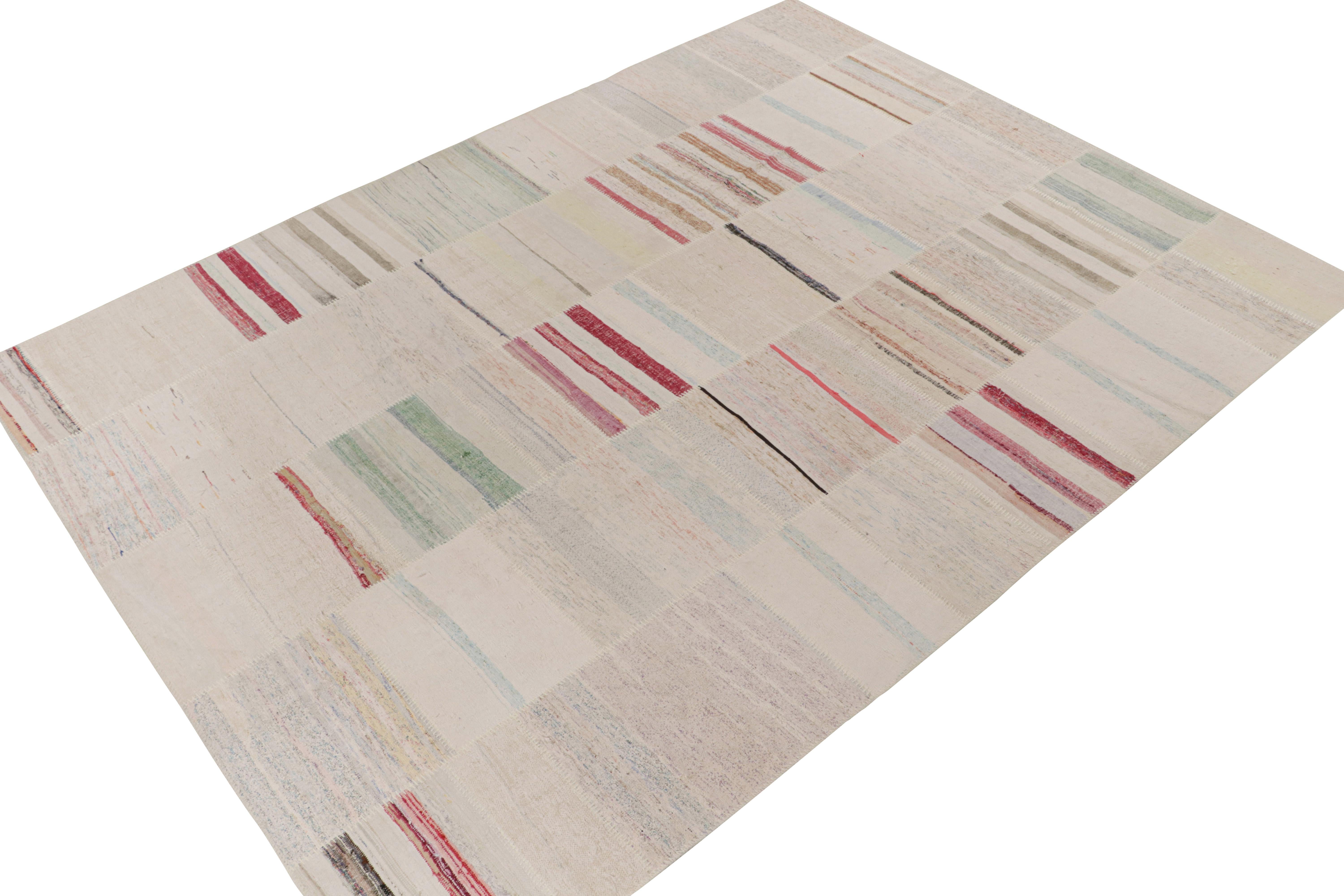 Rug & Kilim presents a contemporary 9x12 rug from their innovative new patchwork kilim collection. 

On the Design: 

This flat weave technique repurposes vintage yarns in polychromatic stripes and striae, achieving a playful look with fabulous