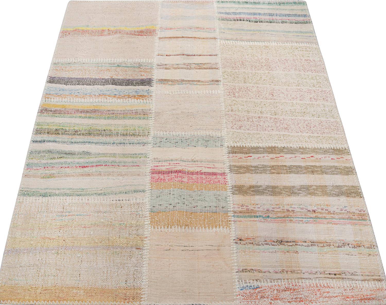 Modern Rug & Kilim’s Patchwork Kilim Rug in Polychromatic Stripes For Sale