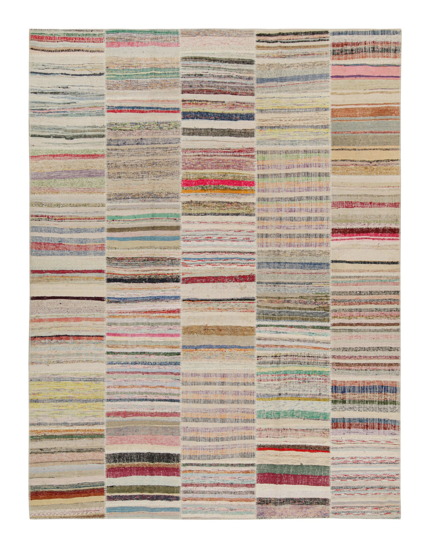 Rug & Kilim’s Patchwork Kilim Rug in Polychromatic Stripes For Sale