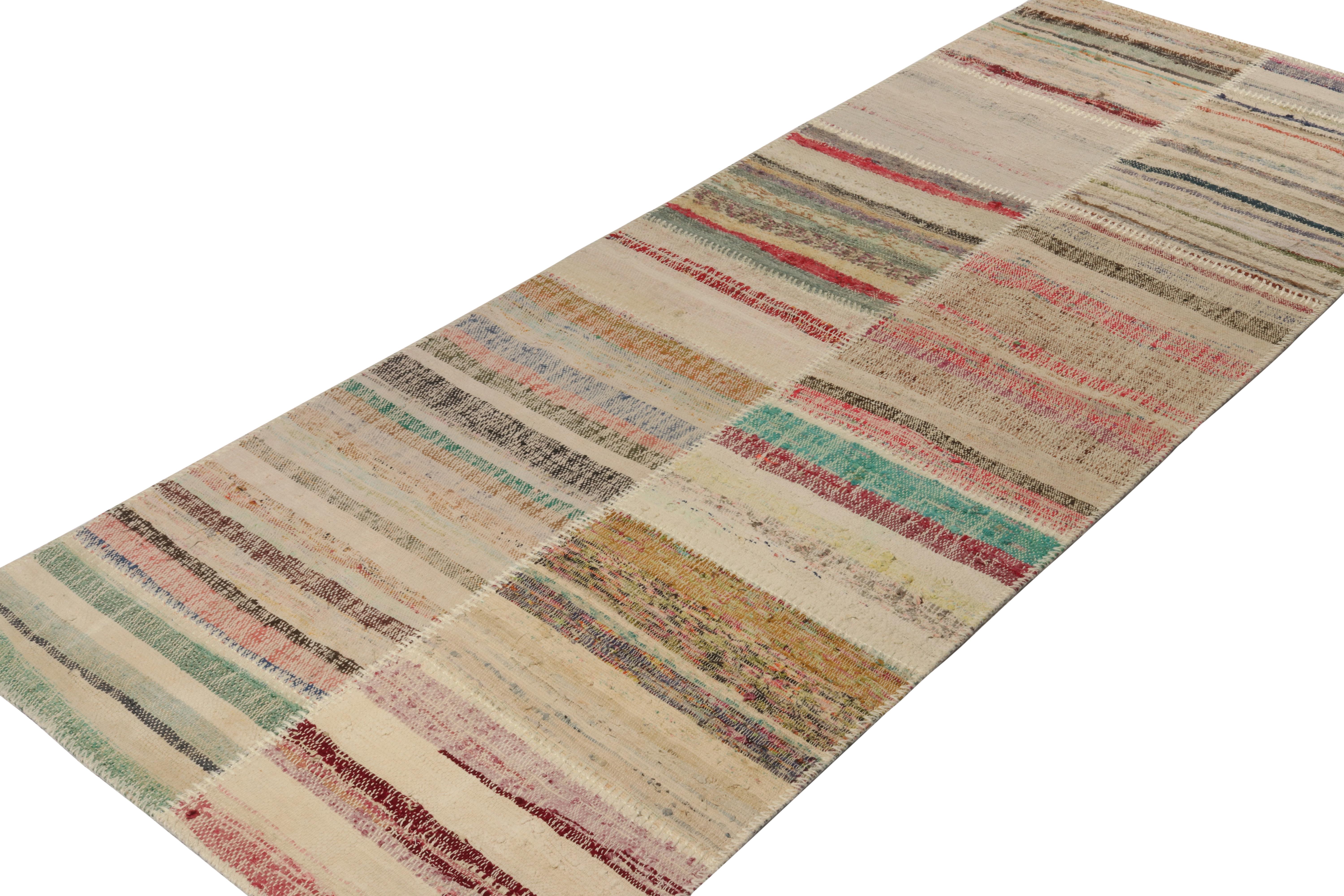 Handwoven in wool, Rug & Kilim presents a 3x8 contemporary runner from their innovative new patchwork kilim collection. 

On the Design: 

This flat weave technique repurposes vintage yarns in polychromatic stripes and striae, achieving a