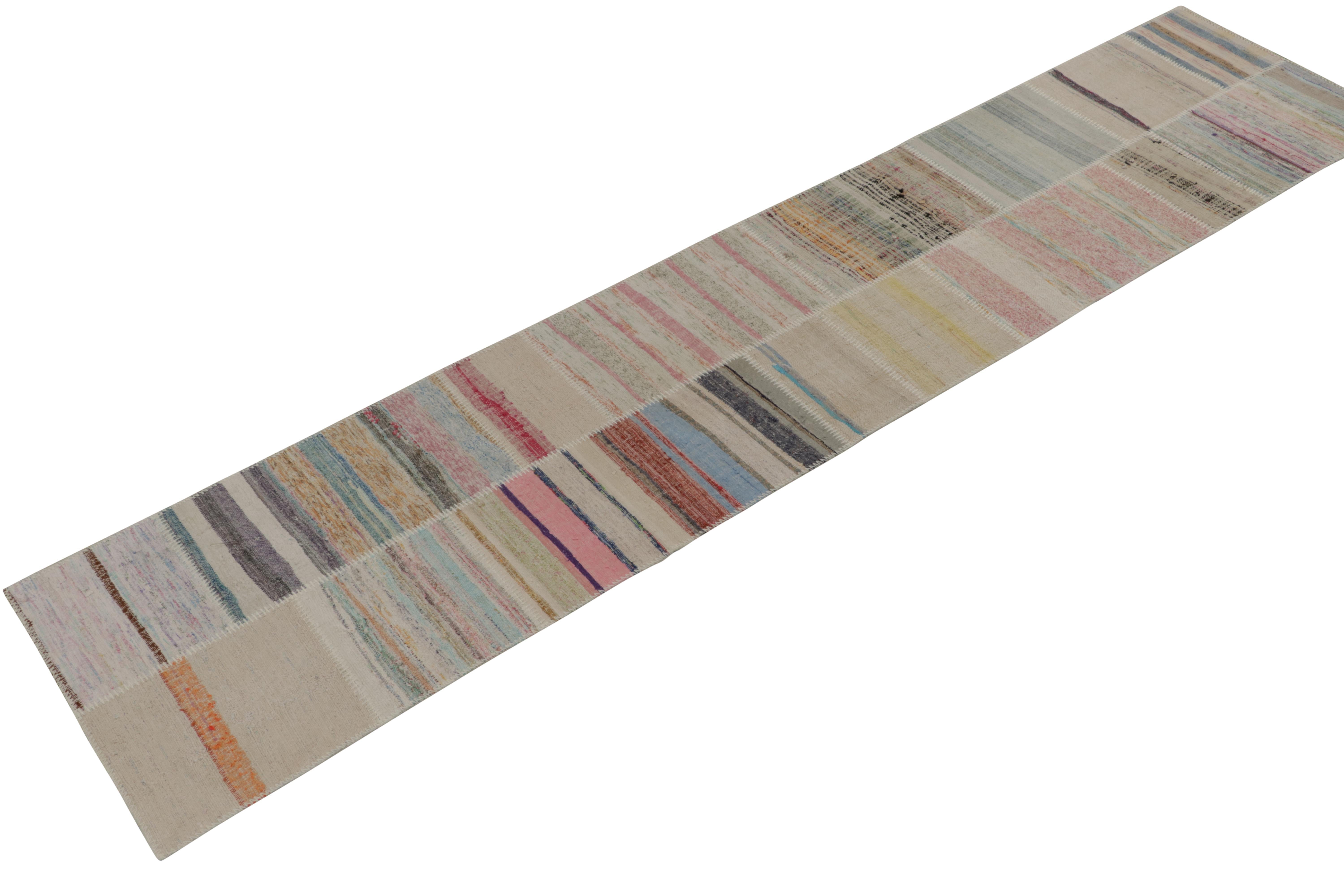 Handwoven in wool, Rug & Kilim presents a 3x12 runner from their innovative new patchwork kilim collection. 

On the Design: 

This flat weave technique repurposes vintage yarns in polychromatic stripes and striae, achieving a playful look with