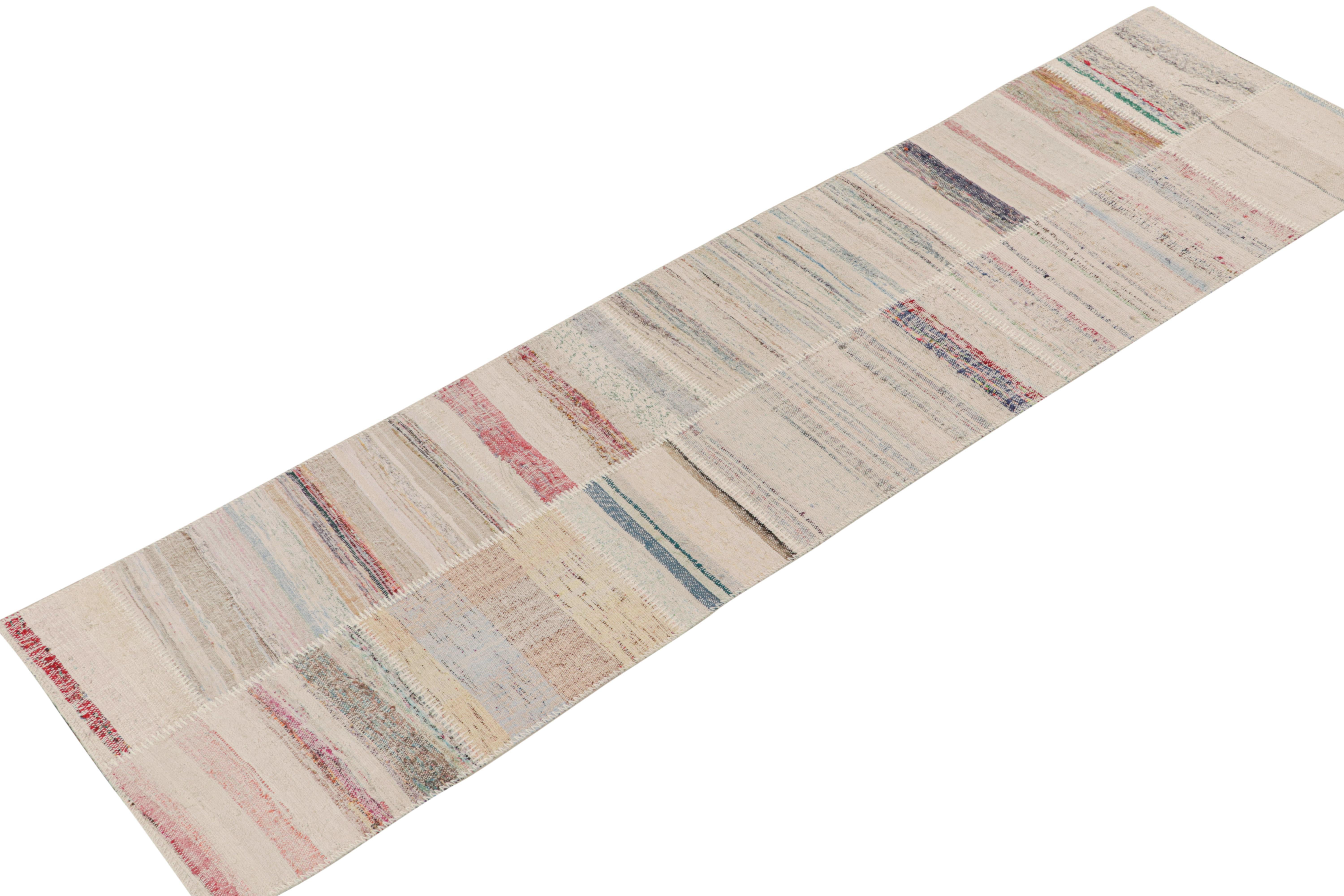Rug & Kilim presents a contemporary 3x10 runner from their innovative new patchwork kilim collection. 

On the Design: 

This flat weave technique repurposes vintage yarns in polychromatic stripes and striae, achieving a playful look with
