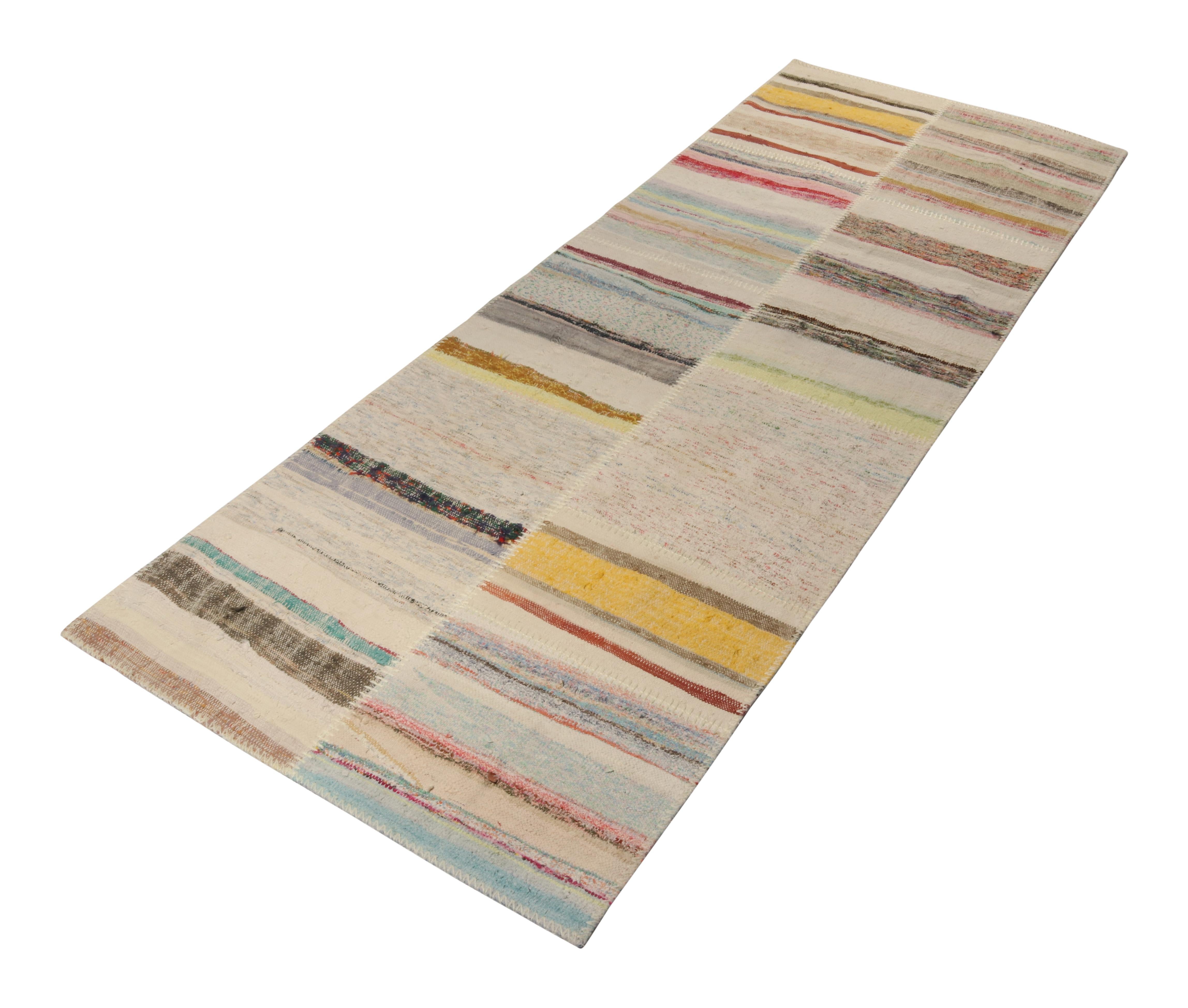 Handwoven in wool, Rug & Kilim presents a 3x8 contemporary runner from their innovative new patchwork kilim collection. 

On the Design: 

This flat weave technique repurposes vintage yarns in polychromatic stripes and striae, achieving a playful