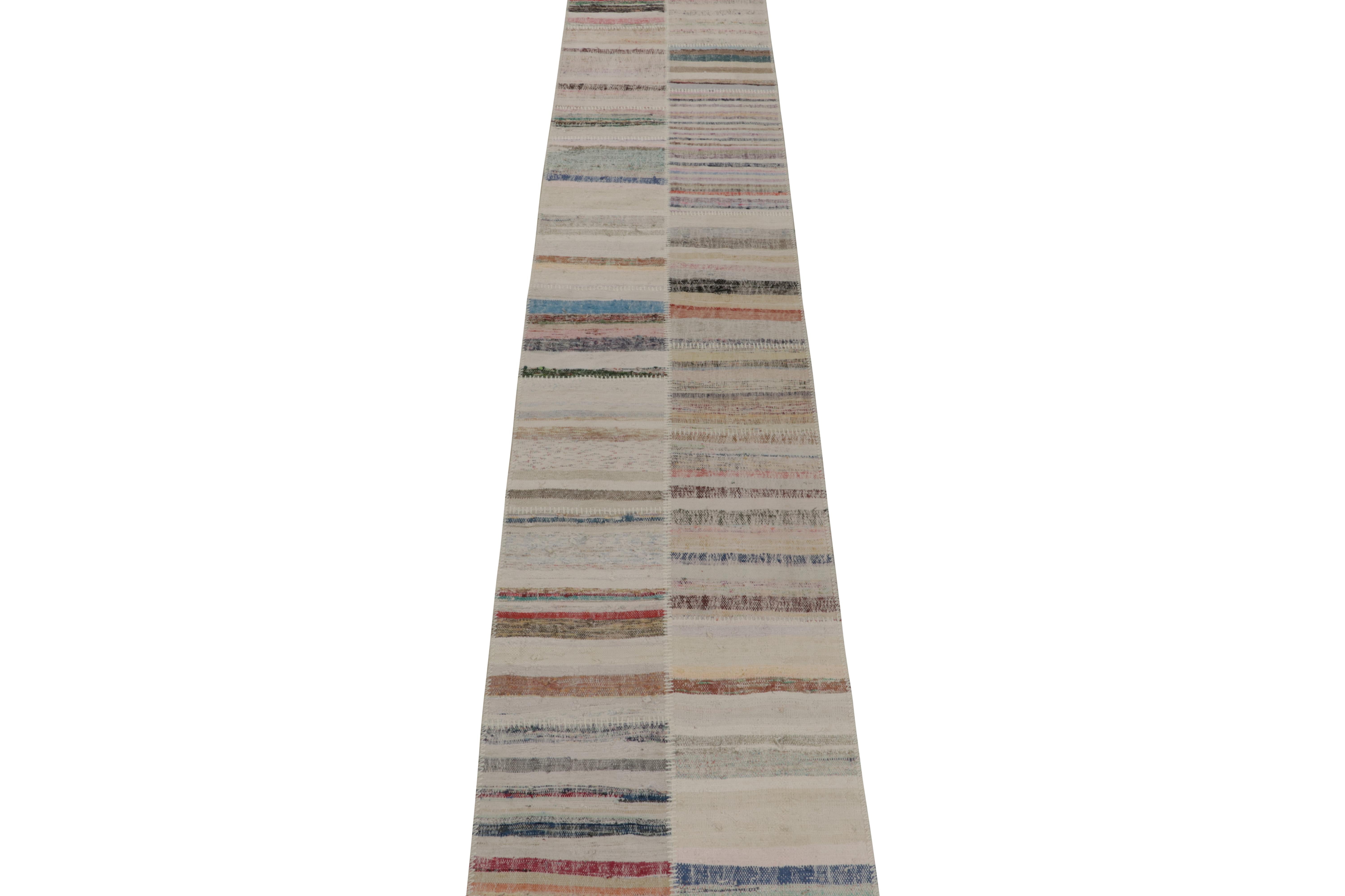 Handwoven in wool, Rug & Kilim presents a 3x12 runner from their innovative new patchwork kilim collection. 

On the Design: 

This flat weave technique repurposes vintage yarns in polychromatic stripes and striae, achieving a playful look with