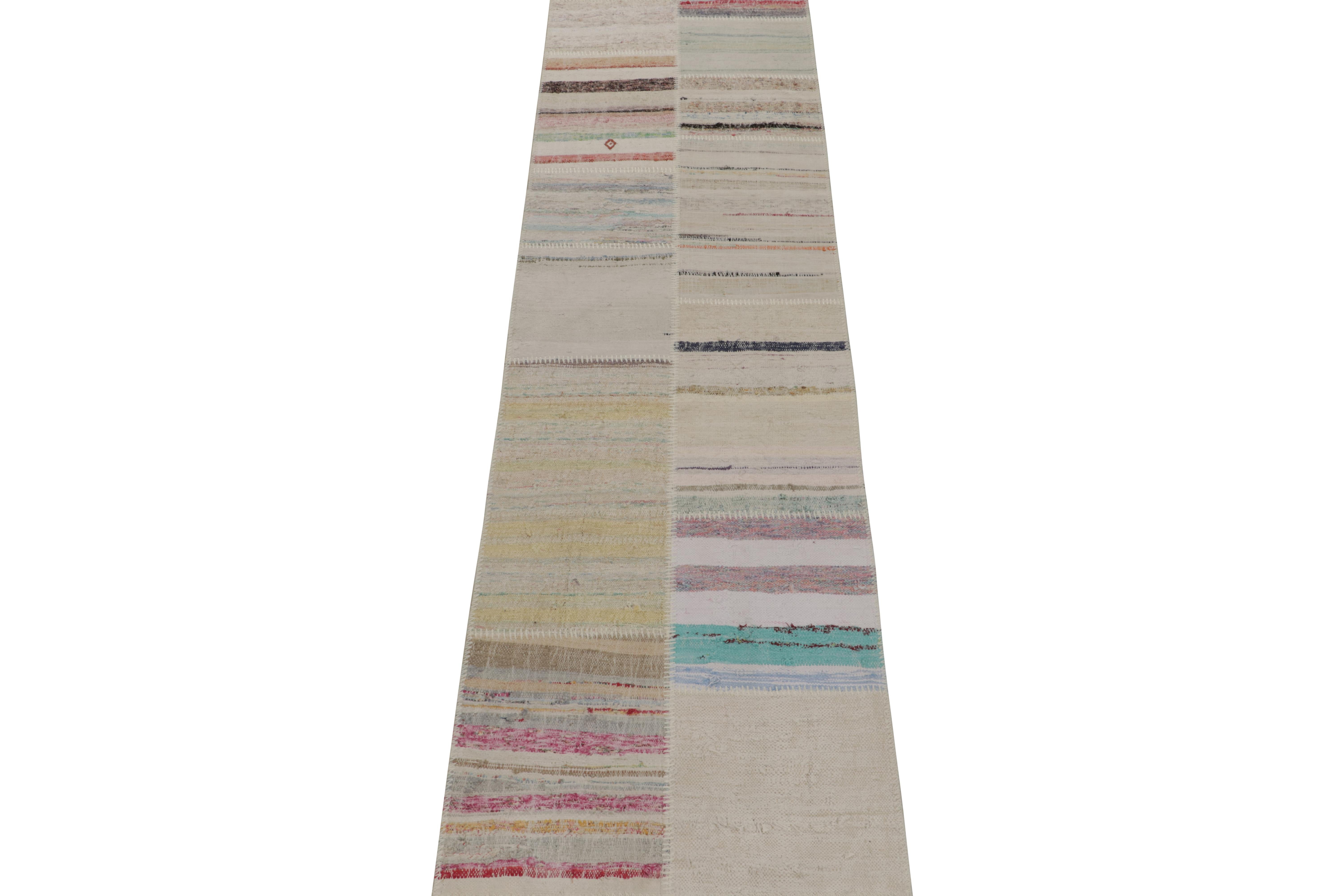 Handwoven in wool, Rug & Kilim presents a 3x10 runner from their innovative new patchwork kilim collection. 

On the Design: 

This flat weave technique repurposes vintage yarns in polychromatic stripes and striae, achieving a playful look with
