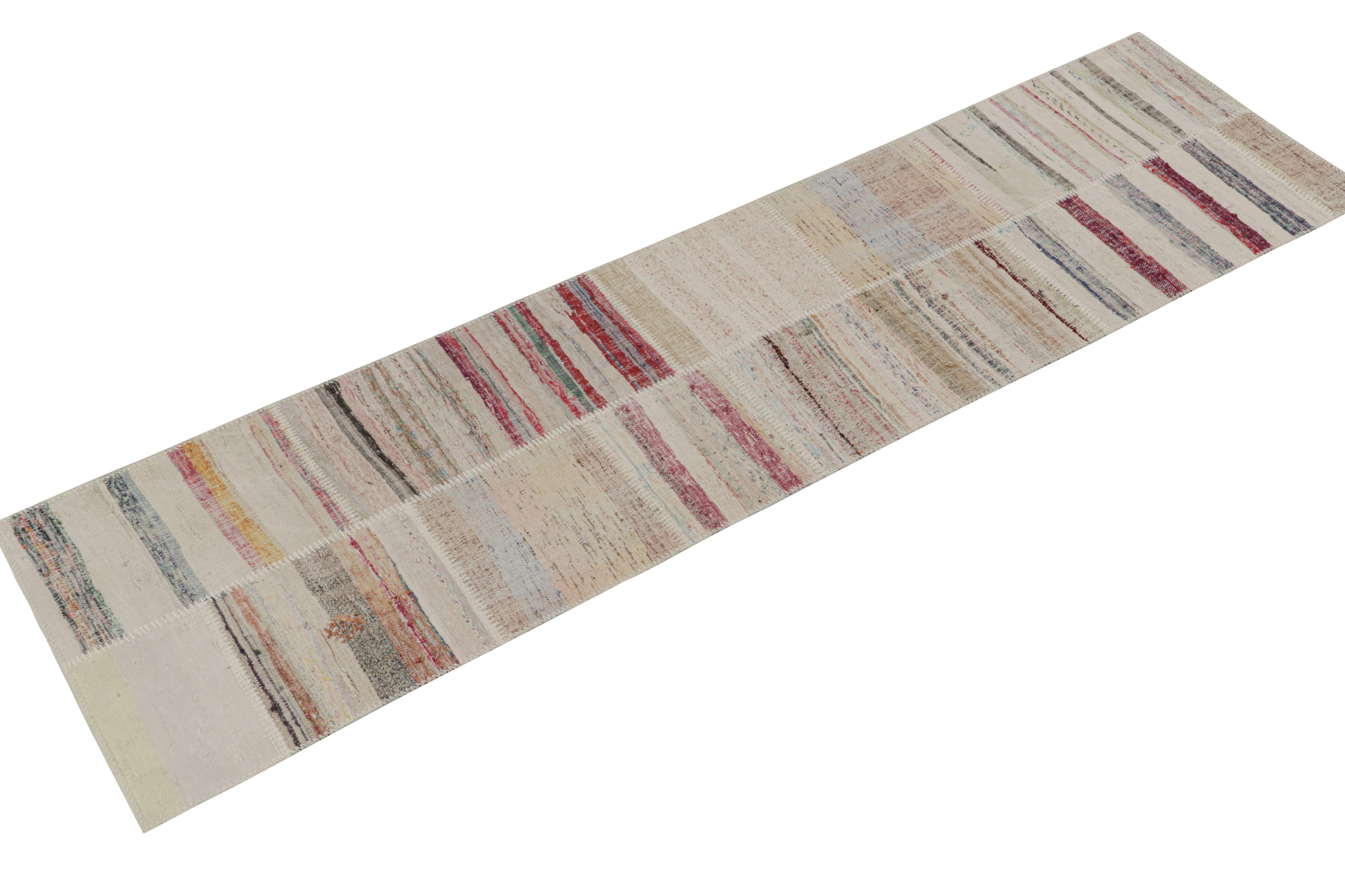 Rug & Kilim presents a contemporary 3x10 runner from their innovative new patchwork kilim collection. 

On the Design: 

This flat weave technique repurposes vintage yarns in polychromatic stripes and striae, achieving a playful look with