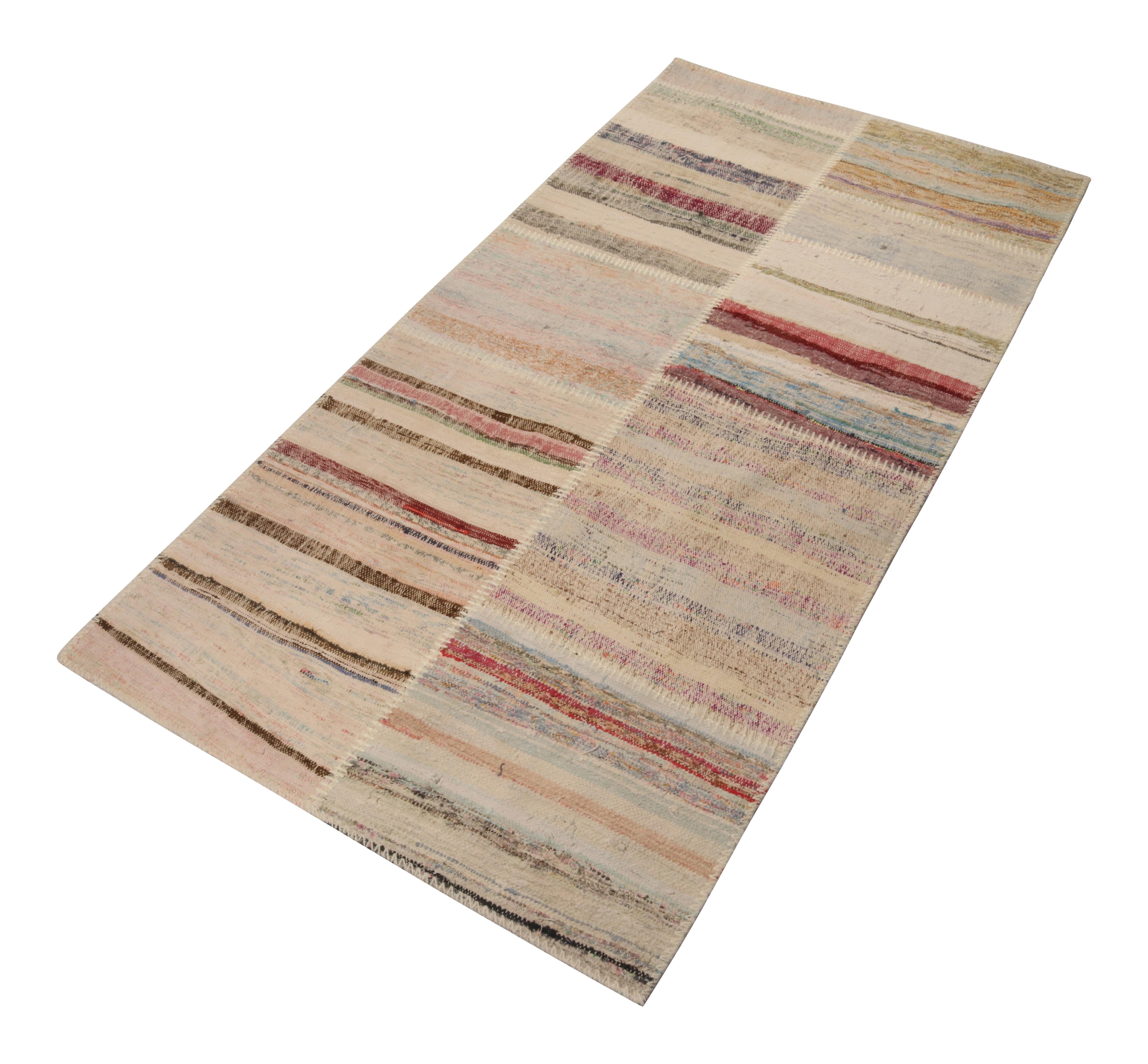 Handwoven in wool, Rug & Kilim presents a 3x6 runner from their innovative new patchwork kilim collection. 

On the design: 

This flat weave technique repurposes vintage yarns in polychromatic stripes and striae, achieving a playful look with