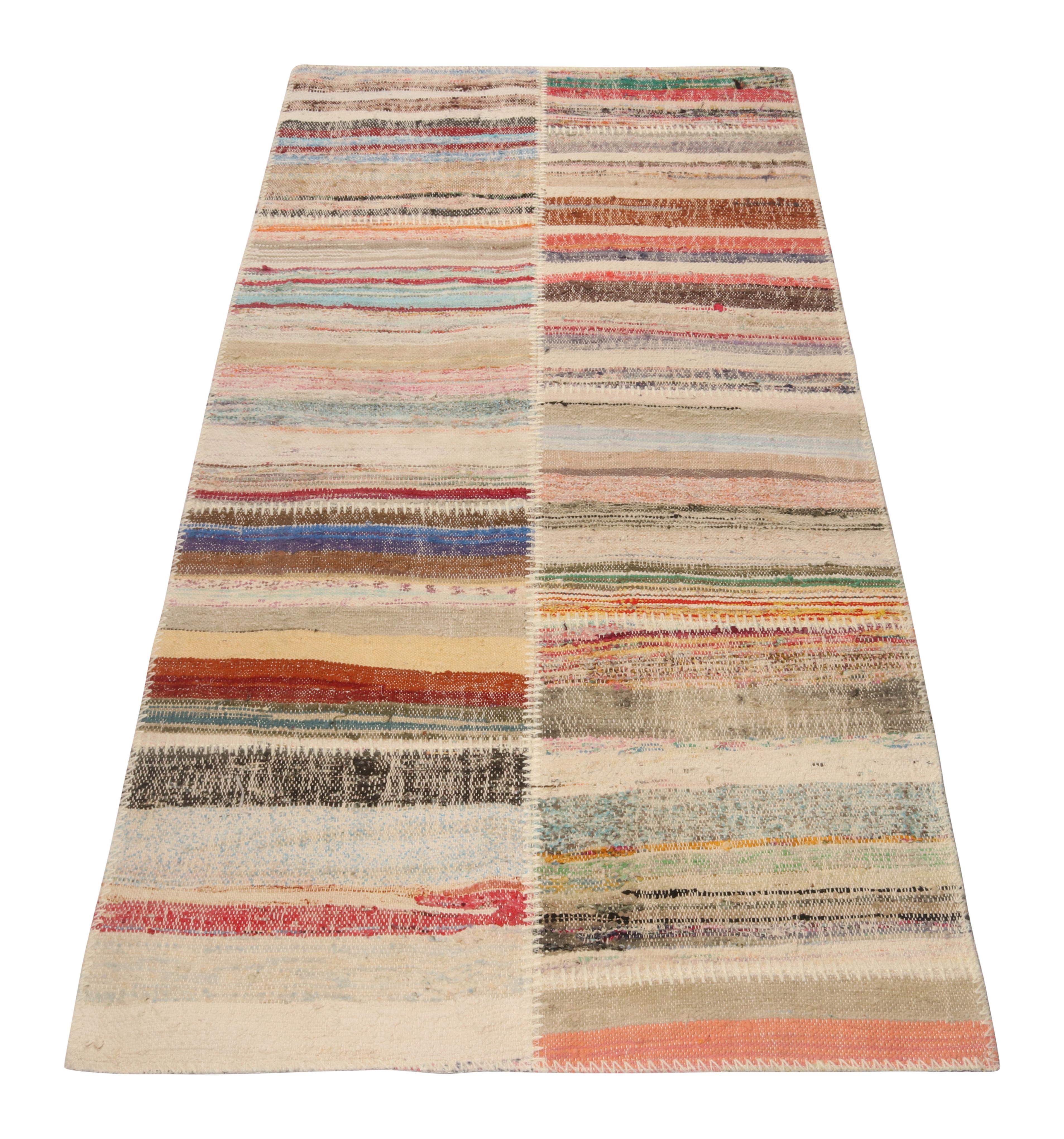 Handwoven in wool, Rug & Kilim presents a 3x6 runner from their innovative new patchwork kilim collection. 

On the Design: 

This flat weave technique repurposes vintage yarns in polychromatic stripes and striae, achieving a playful look with