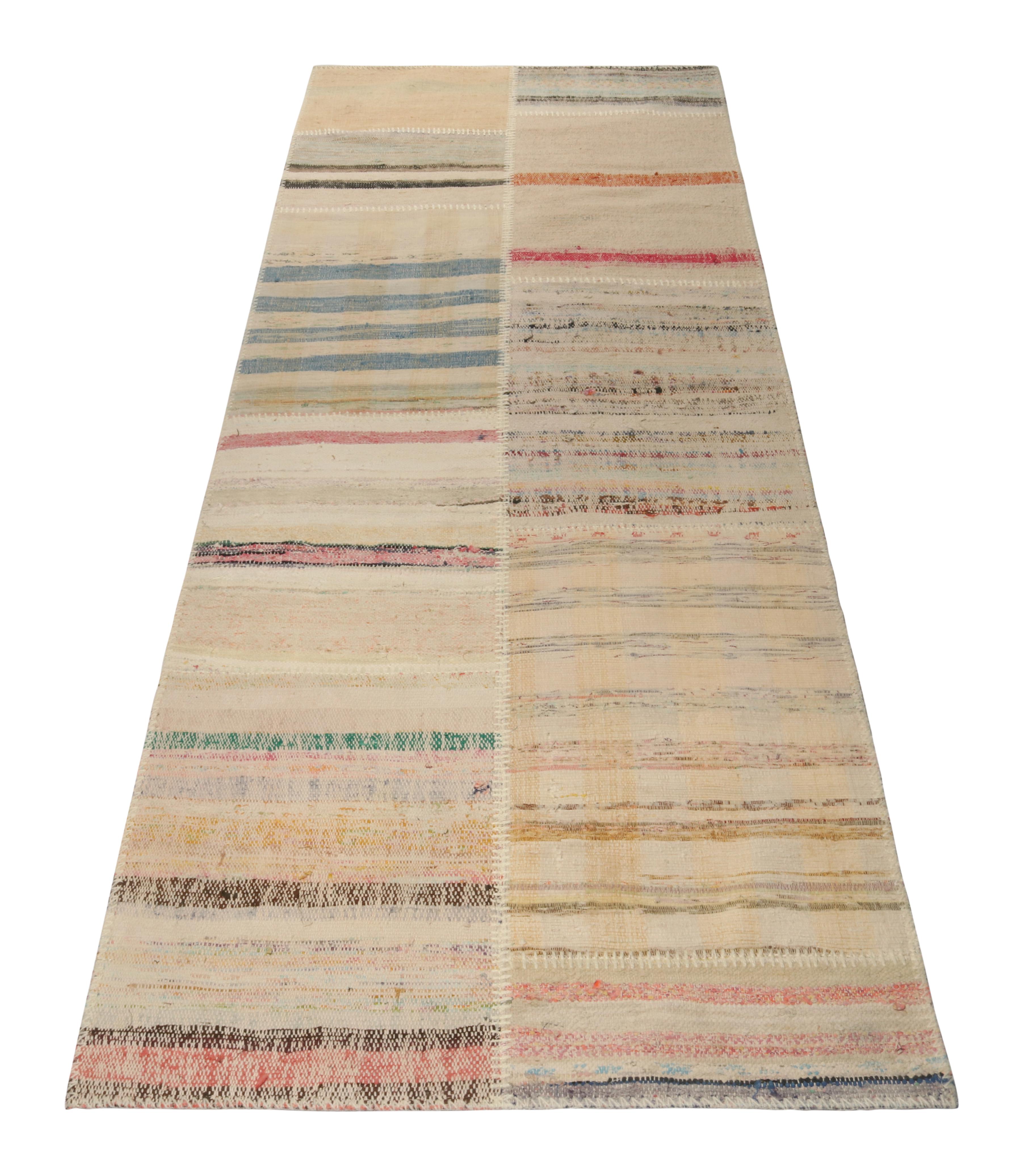 Modern Rug & Kilim’s Patchwork Kilim Runner in Polychromatic Stripes For Sale