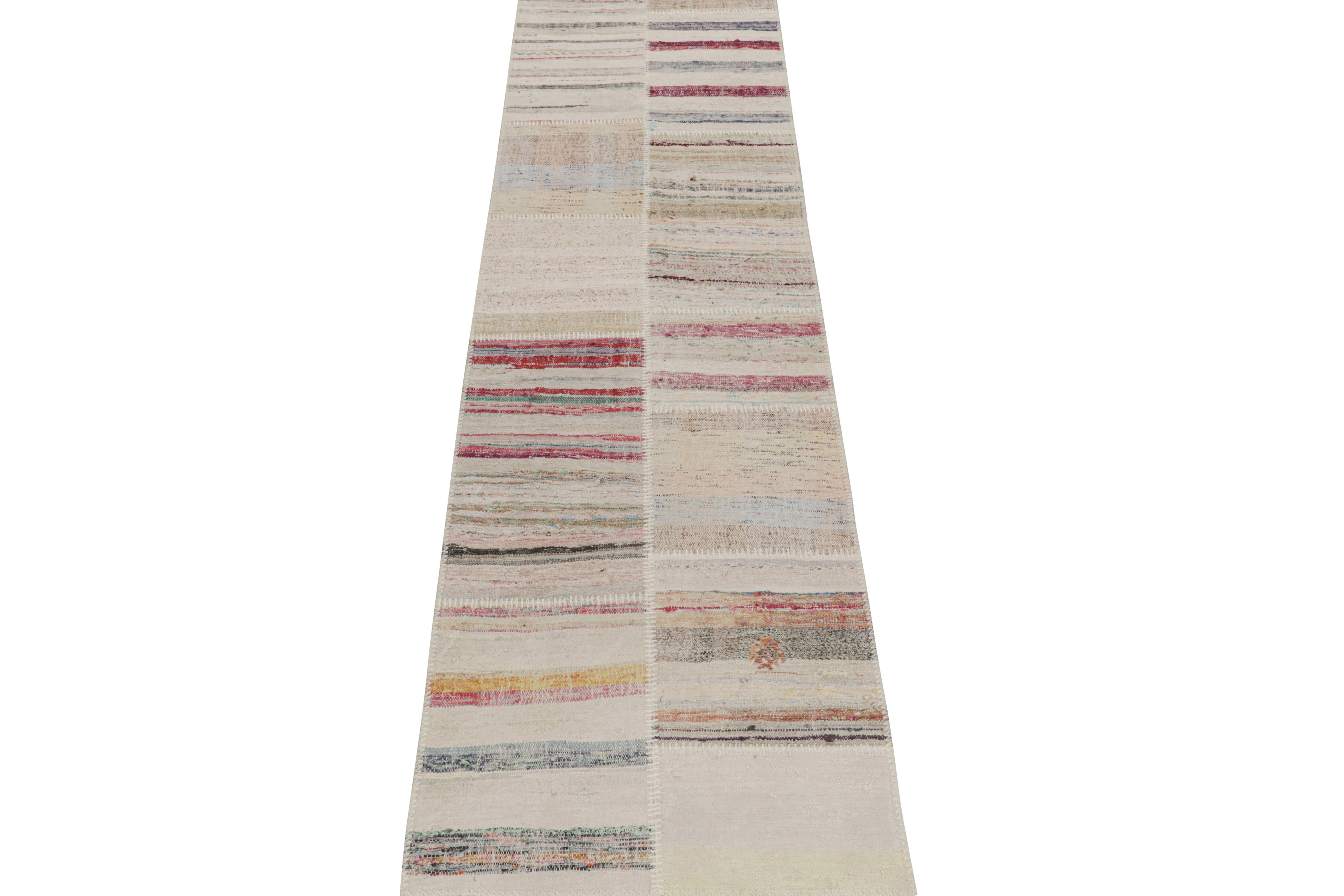 Modern Rug & Kilim’s Patchwork Kilim Runner in Polychromatic Stripes For Sale