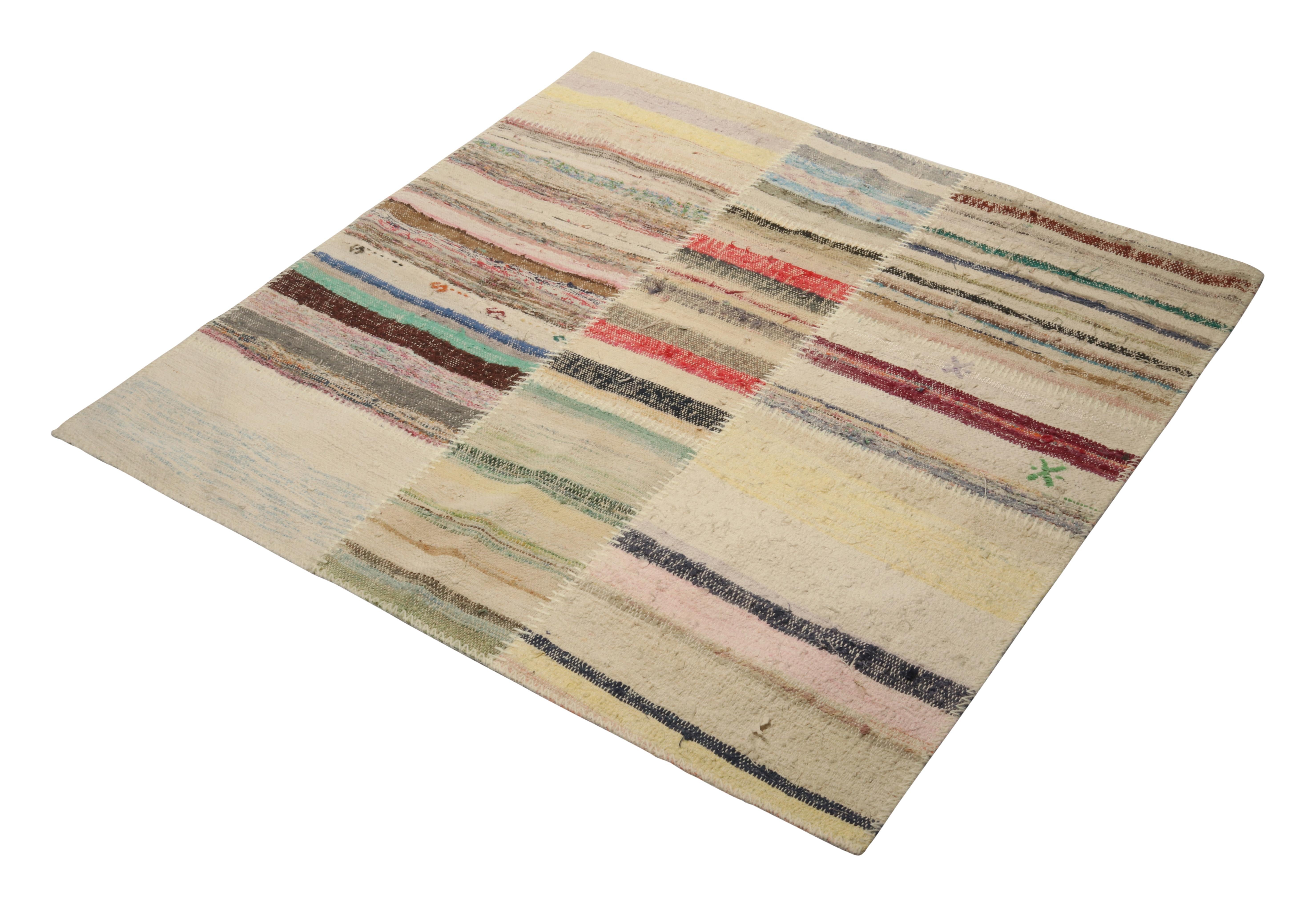 Handwoven in wool, Rug & Kilim presents a 4x4 square rug from their innovative new patchwork kilim collection. 

On the Design: 

This flat weave technique repurposes vintage yarns in polychromatic stripes and striae, achieving a playful look