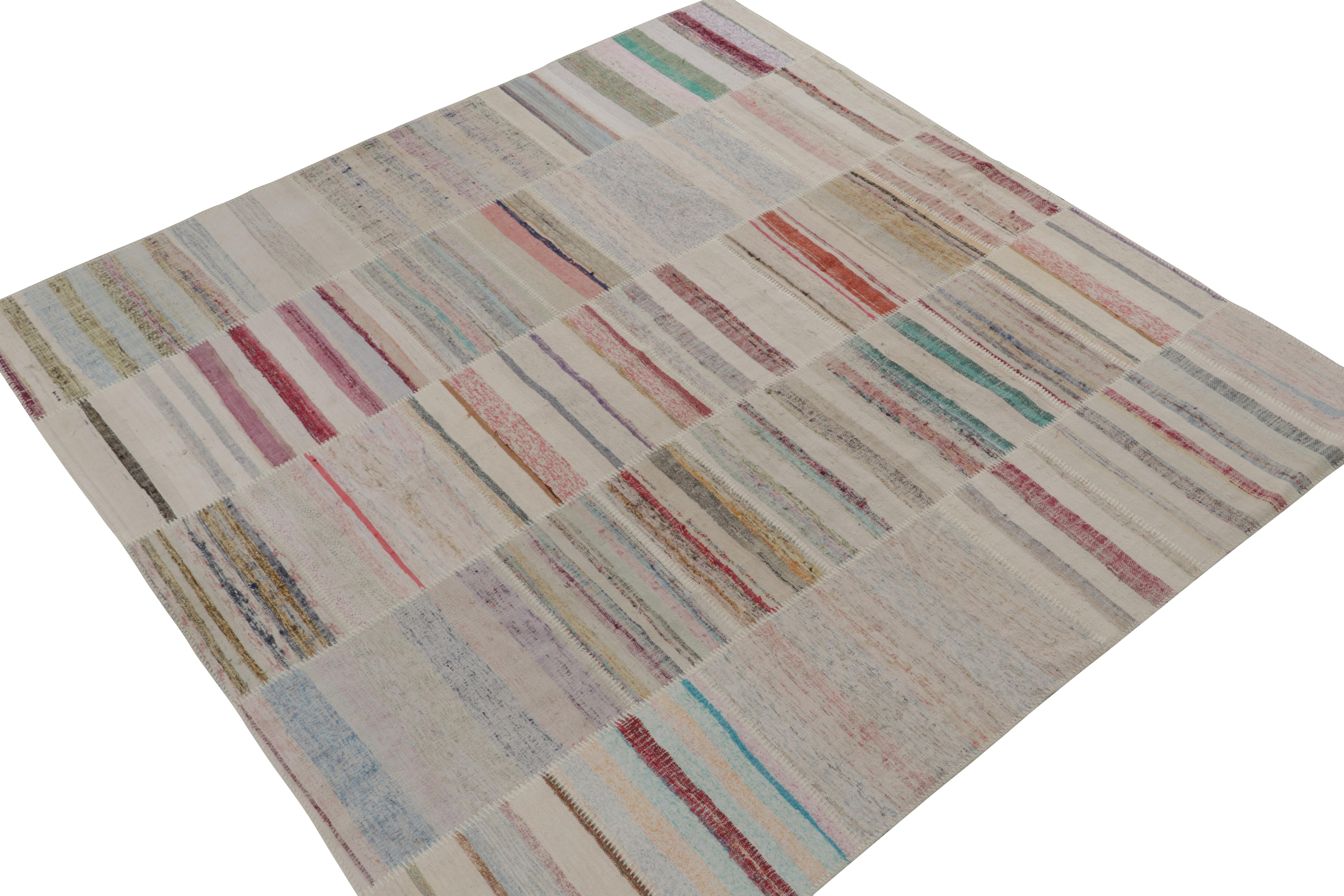 Handwoven in wool, Rug & Kilim presents a 9x9 contemporary square rug from their innovative new patchwork kilim collection. 

On the Design: 

This flat weave technique repurposes vintage yarns in polychromatic stripes and striae, achieving a