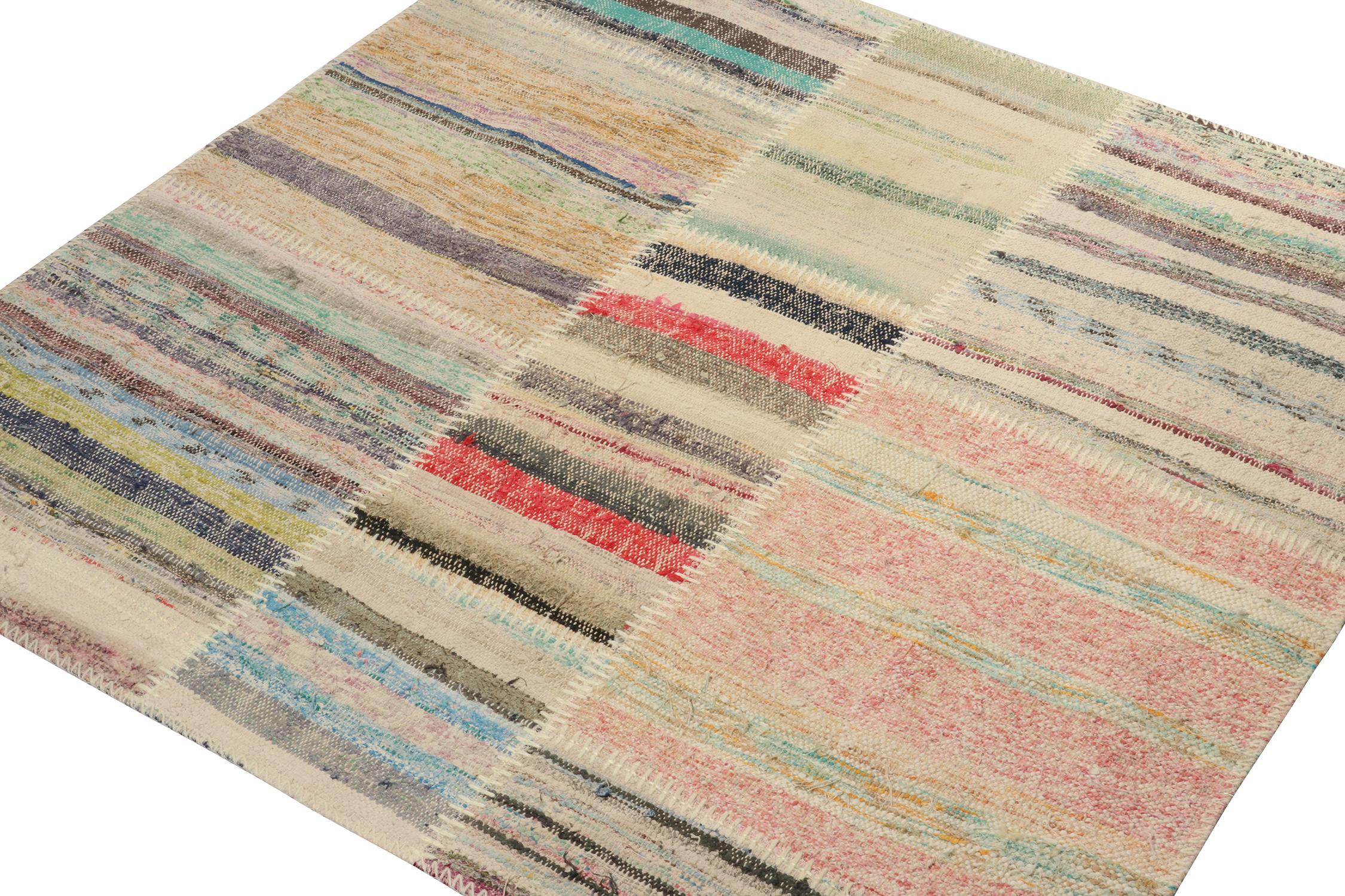Modern Rug & Kilim’s Patchwork Kilim Square Rug in Polychromatic Stripes For Sale