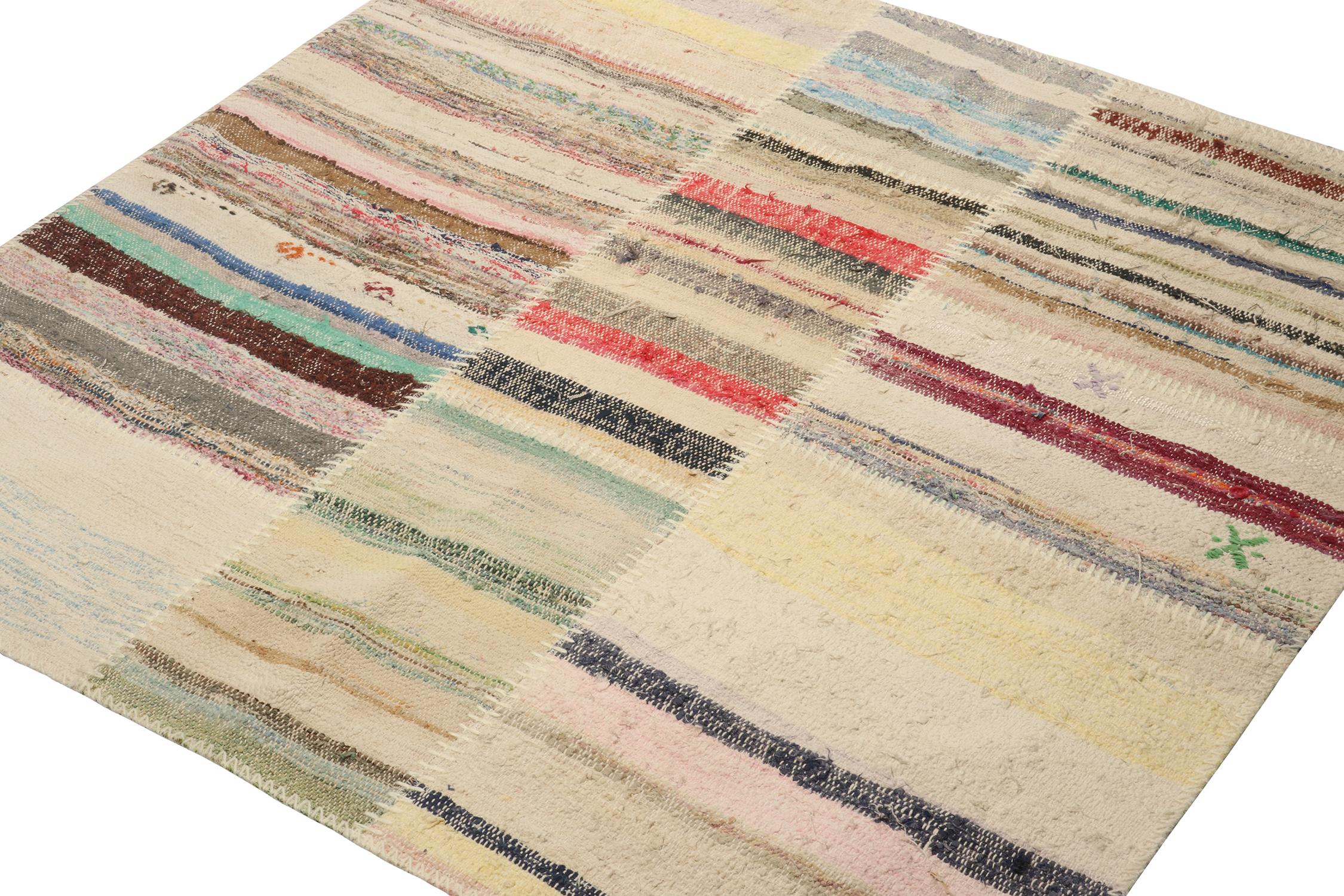Turkish Rug & Kilim’s Patchwork Kilim Square Rug in Polychromatic Stripes For Sale