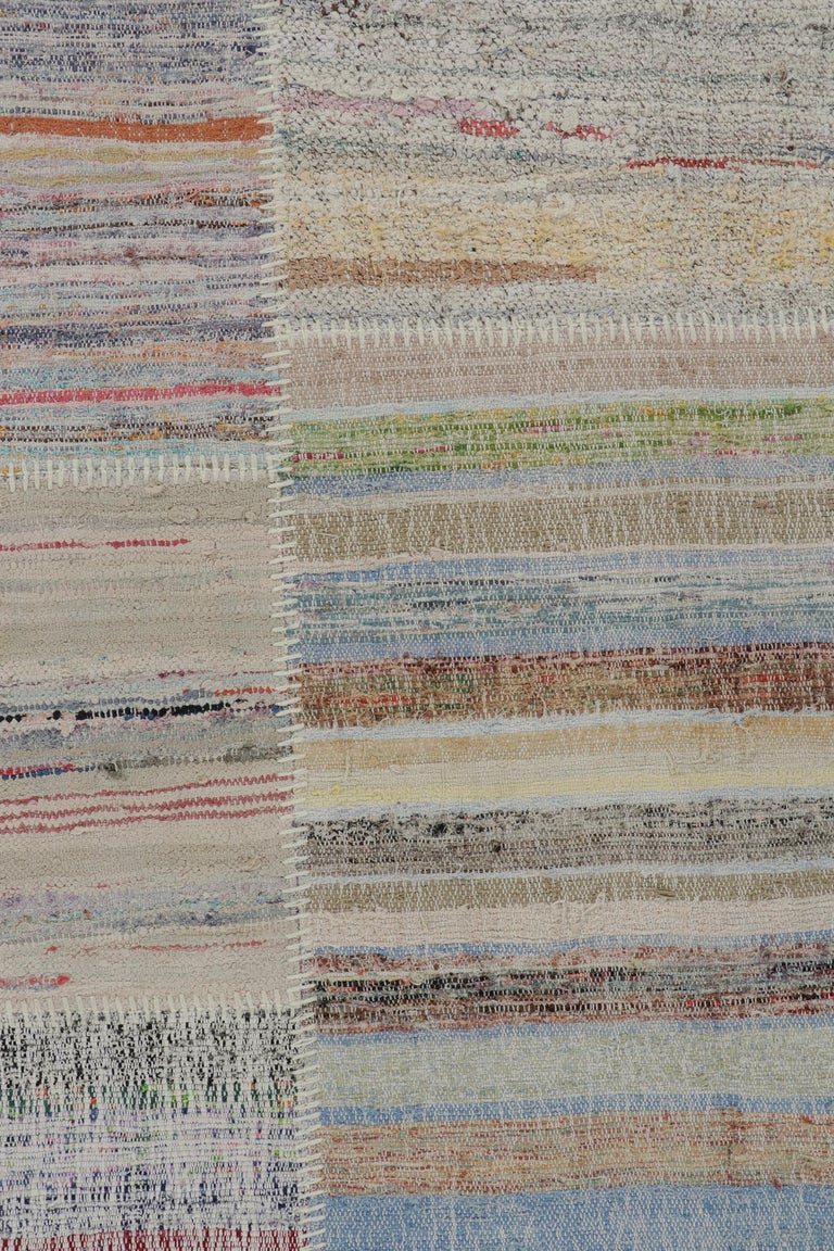 Rug and Kilim’s Patchwork Kilim Square Rug in Polychromatic Stripes For