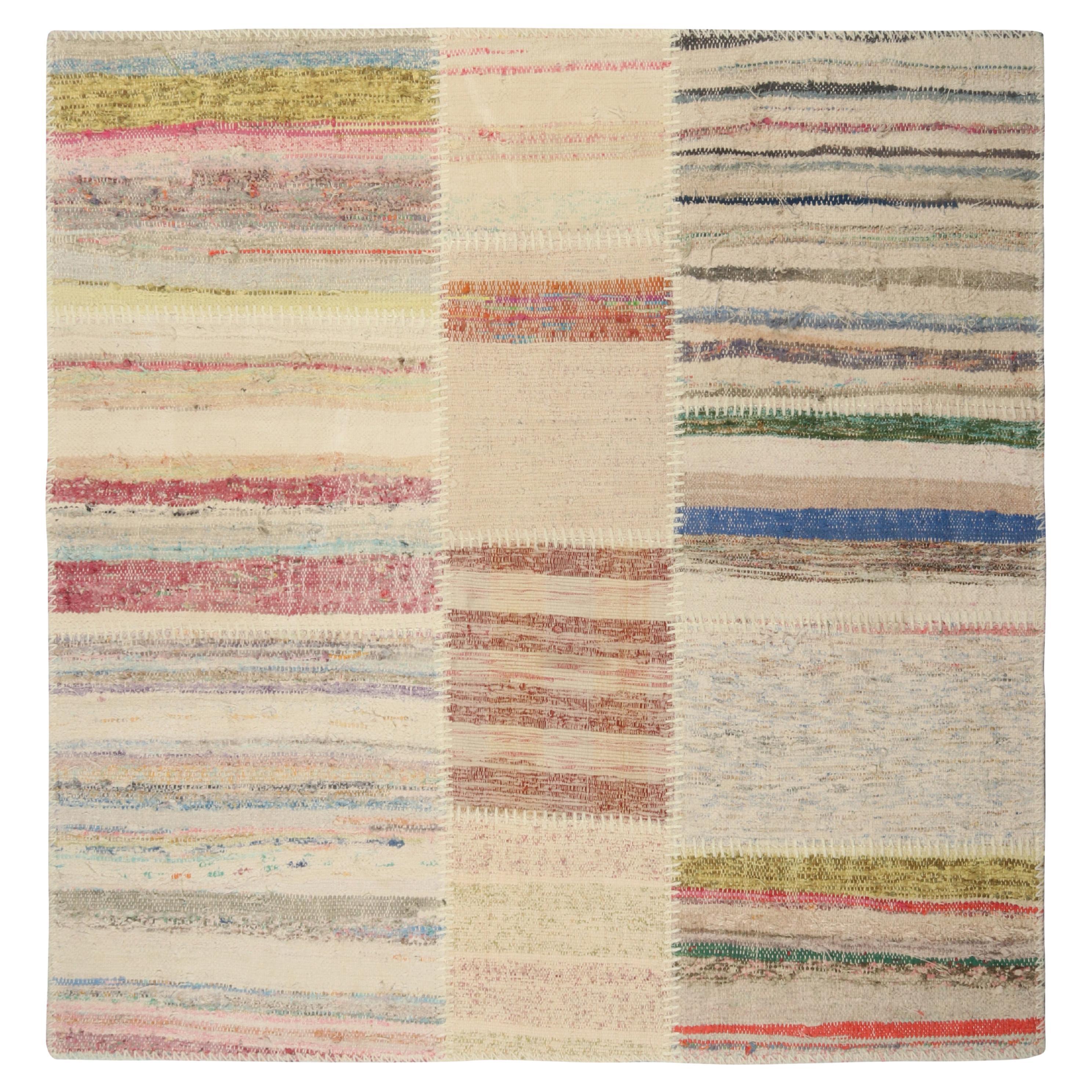 Rug & Kilim’s Patchwork Kilim Square Rug in Polychromatic Stripes For Sale