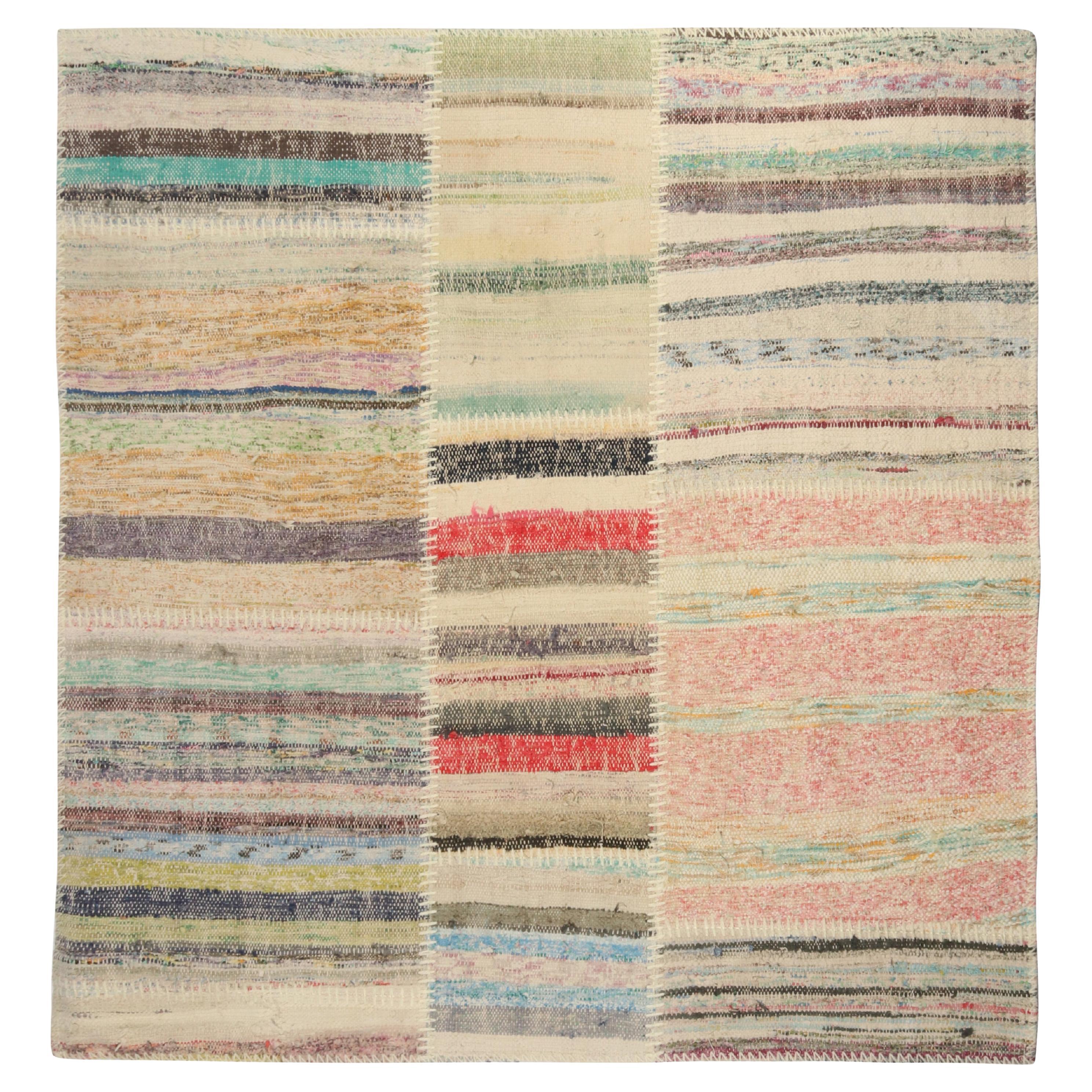 Rug & Kilim’s Patchwork Kilim Square Rug in Polychromatic Stripes For Sale