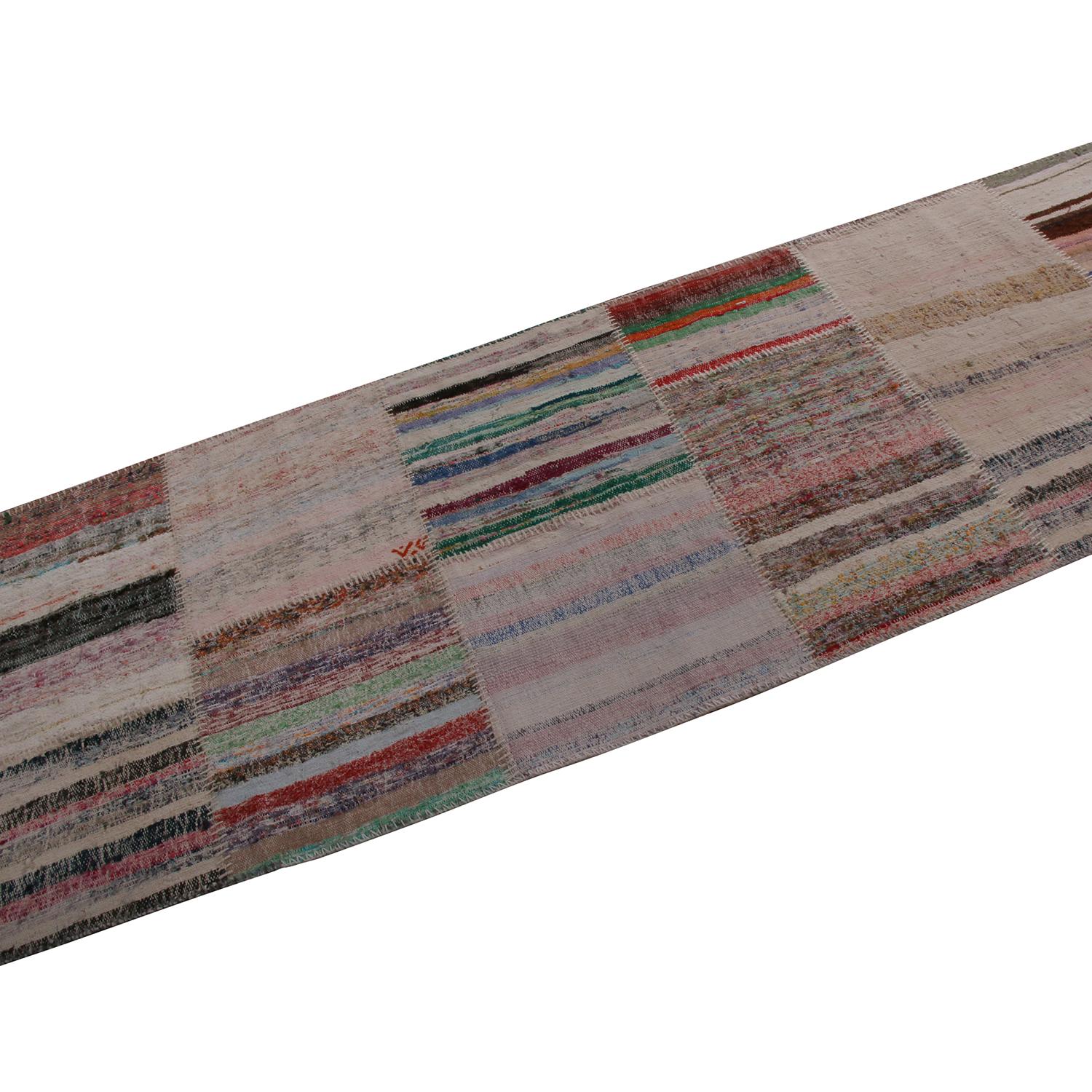 Rug & Kilim’s Patchwork Modern Geometric Beige Brown Wool Colorful Kilim Runner In New Condition In Long Island City, NY