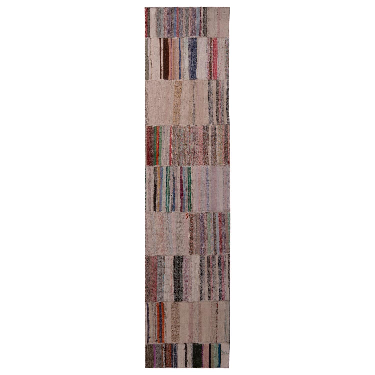 Rug & Kilim’s Patchwork Modern Geometric Beige Brown Wool Colorful Kilim Runner For Sale