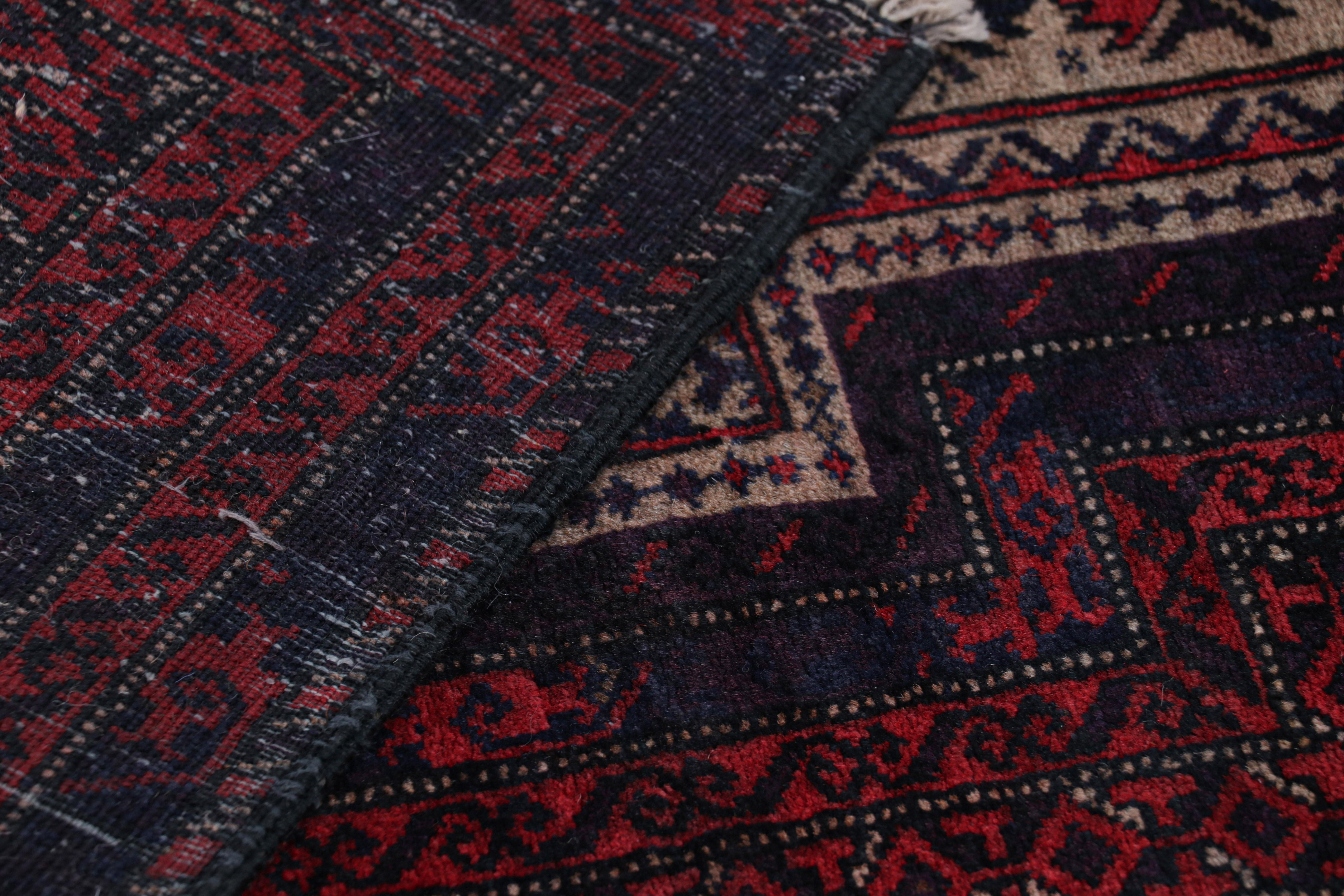 Wool Rug & Kilim’s Persian Baluch Tribal Rug in Burgundy with Geometric Patterns For Sale