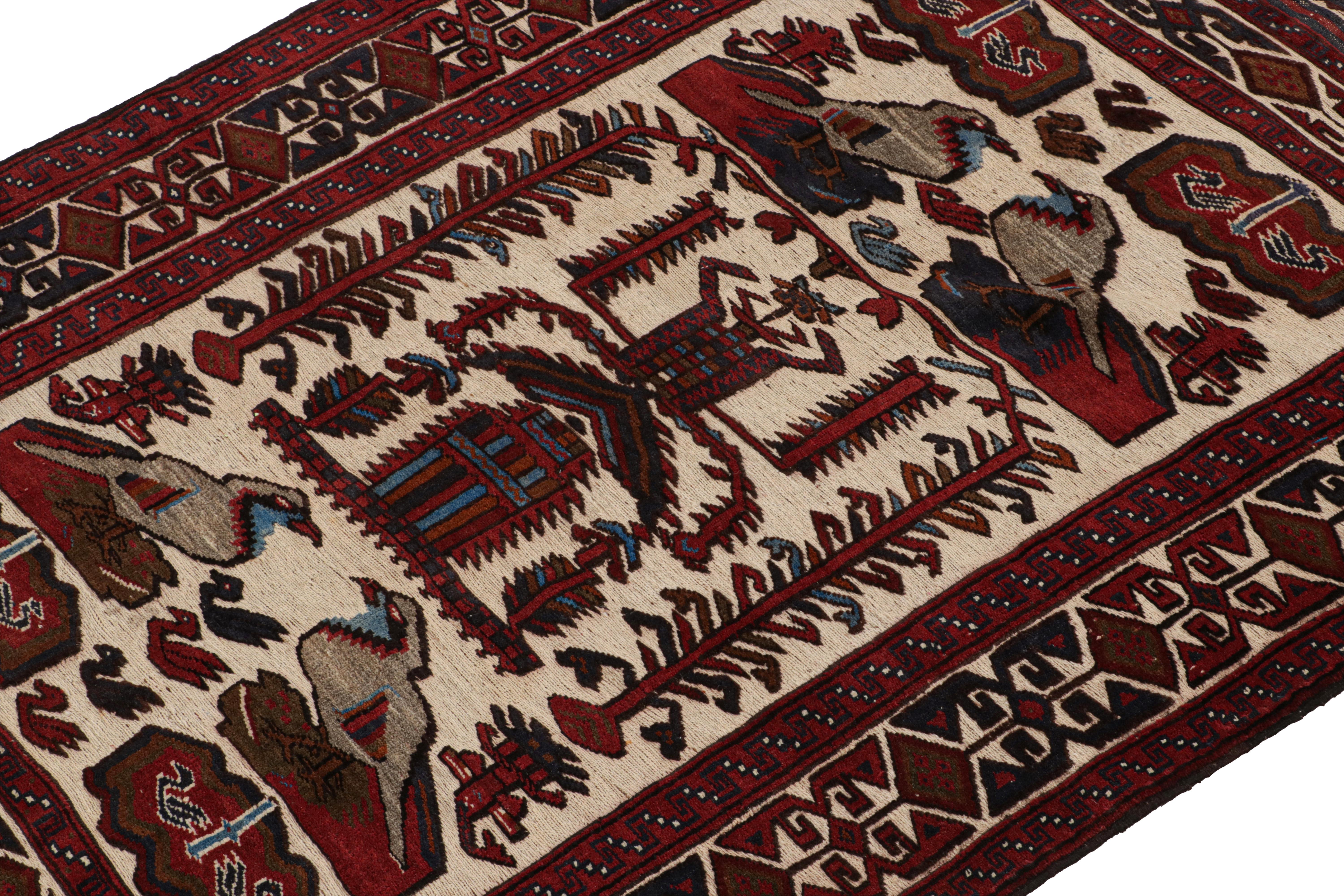 Afghan Rug & Kilim’s Persian Barjasta style rug in Beige & Red with Bird Pictorials  For Sale