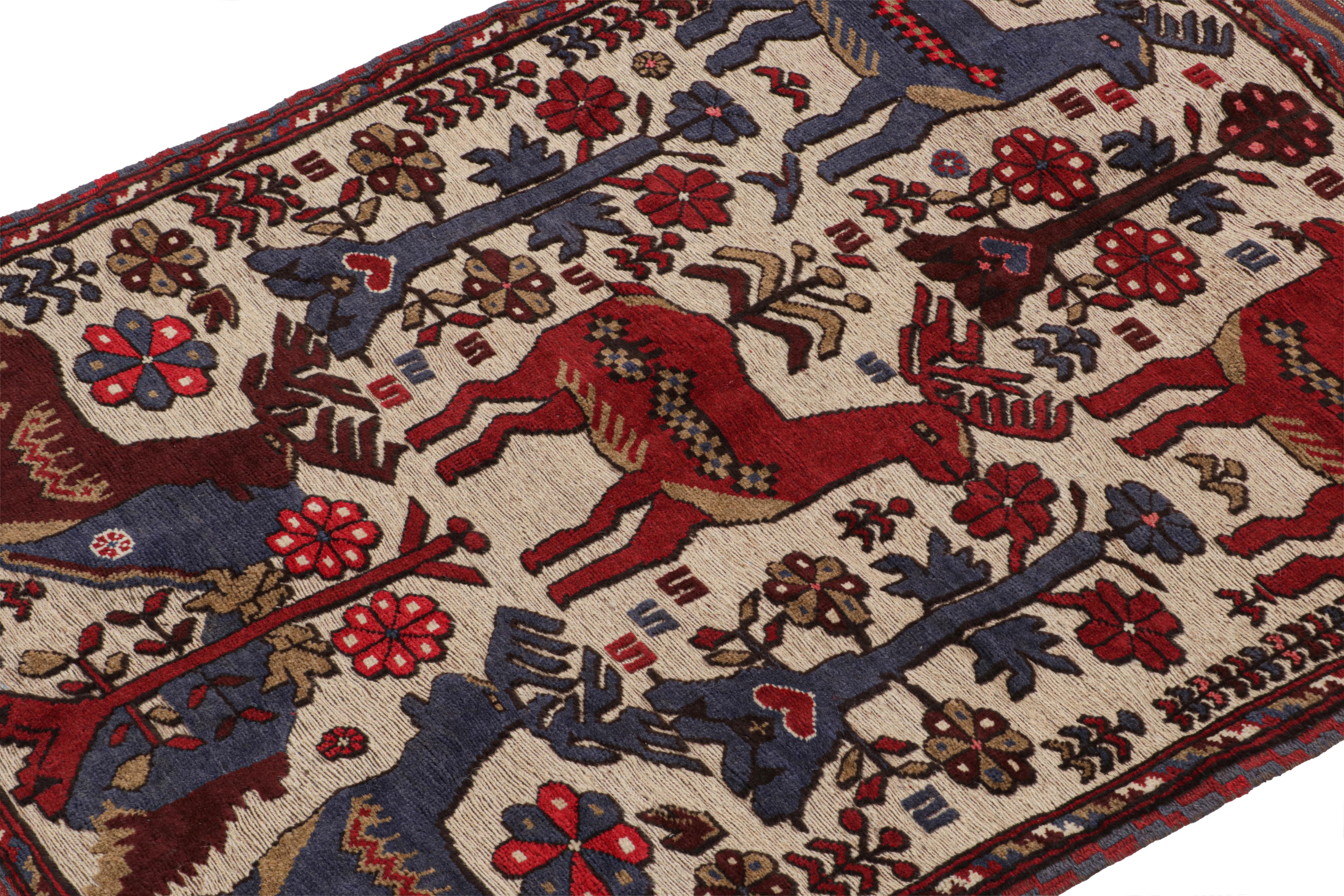 Afghan Rug & Kilim’s Persian Barjasta style rug in Beige with Red & Blue Deer Pictorial For Sale