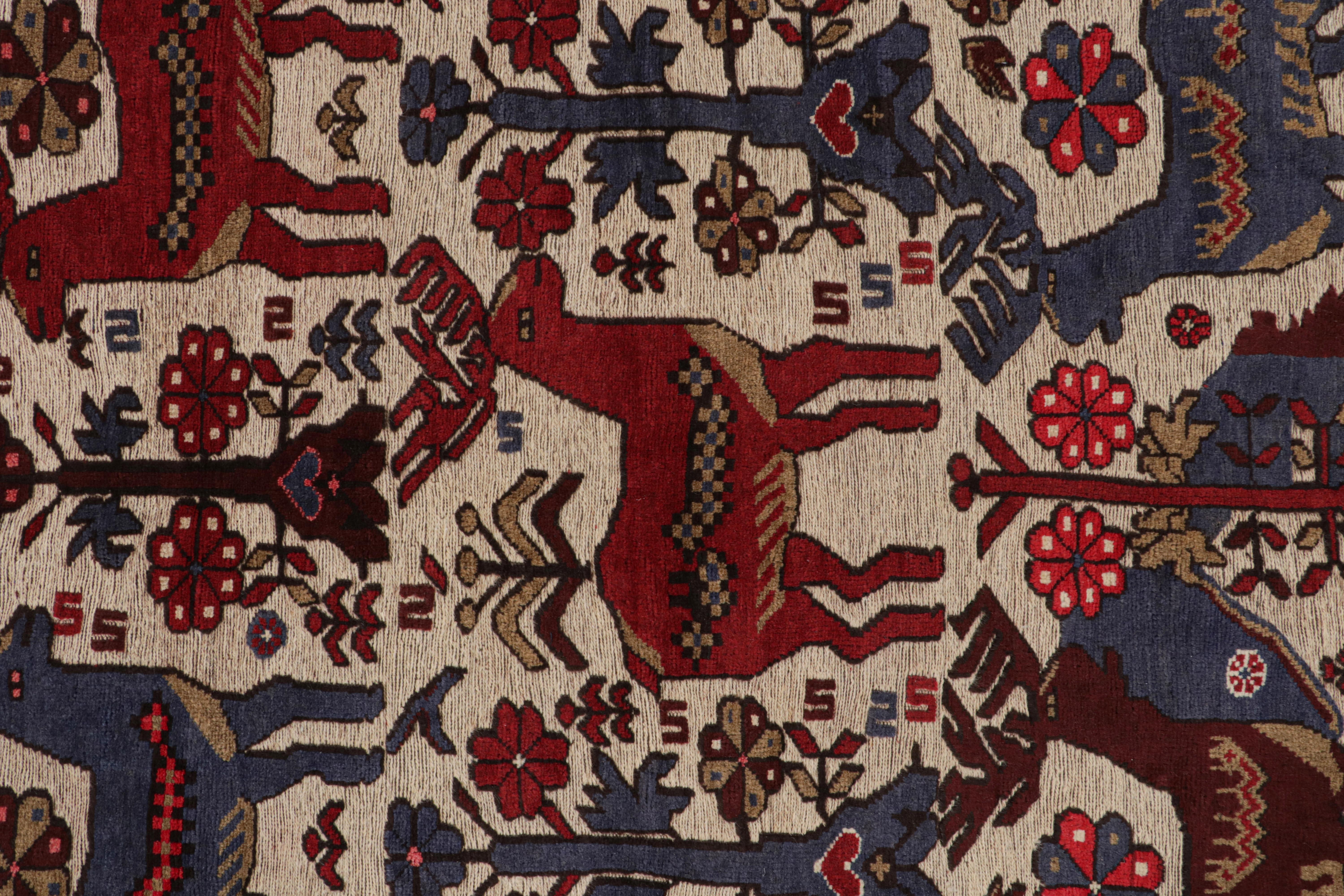Rug & Kilim’s Persian Barjasta style rug in Beige with Red & Blue Deer Pictorial In New Condition For Sale In Long Island City, NY