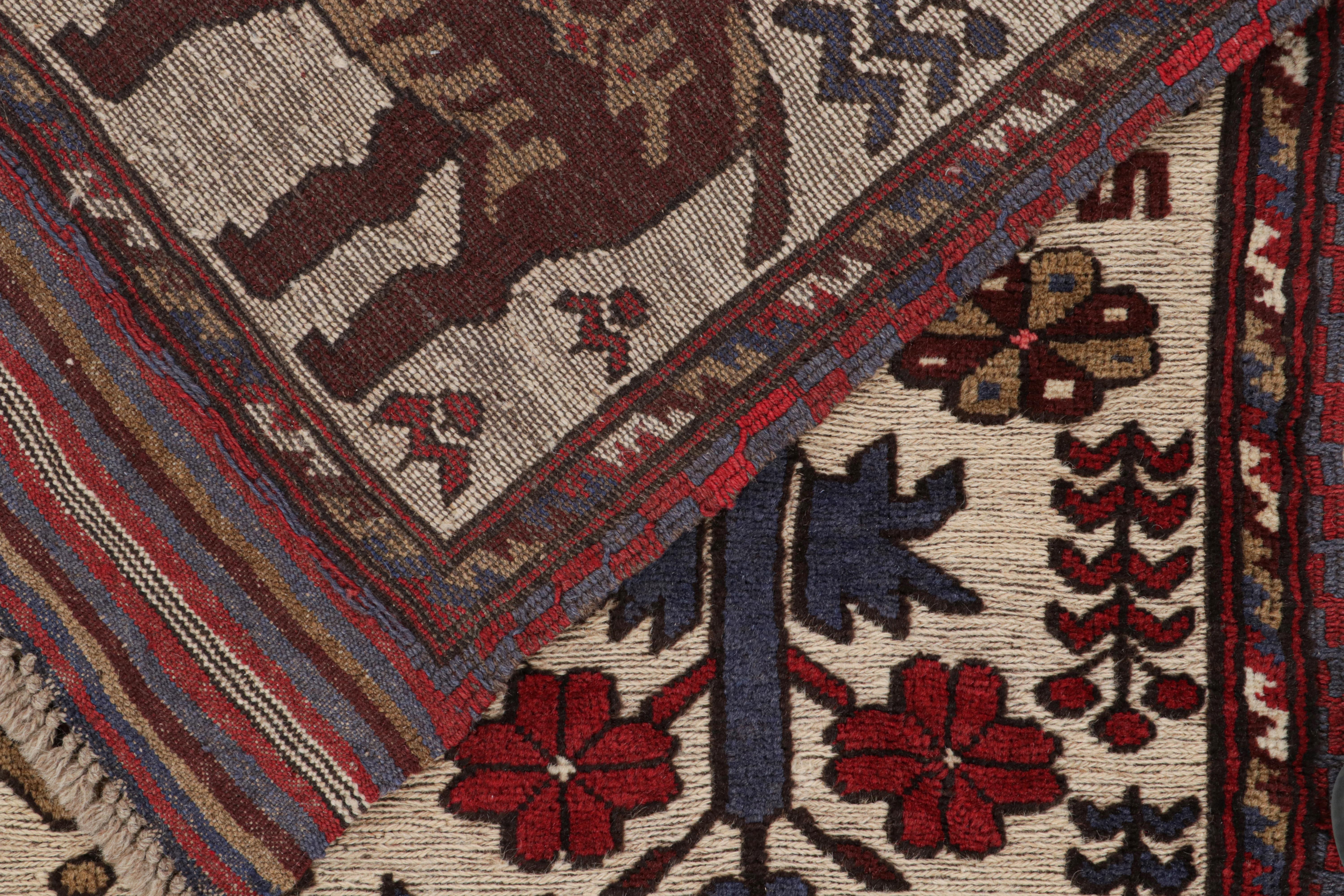Contemporary Rug & Kilim’s Persian Barjasta style rug in Beige with Red & Blue Deer Pictorial For Sale