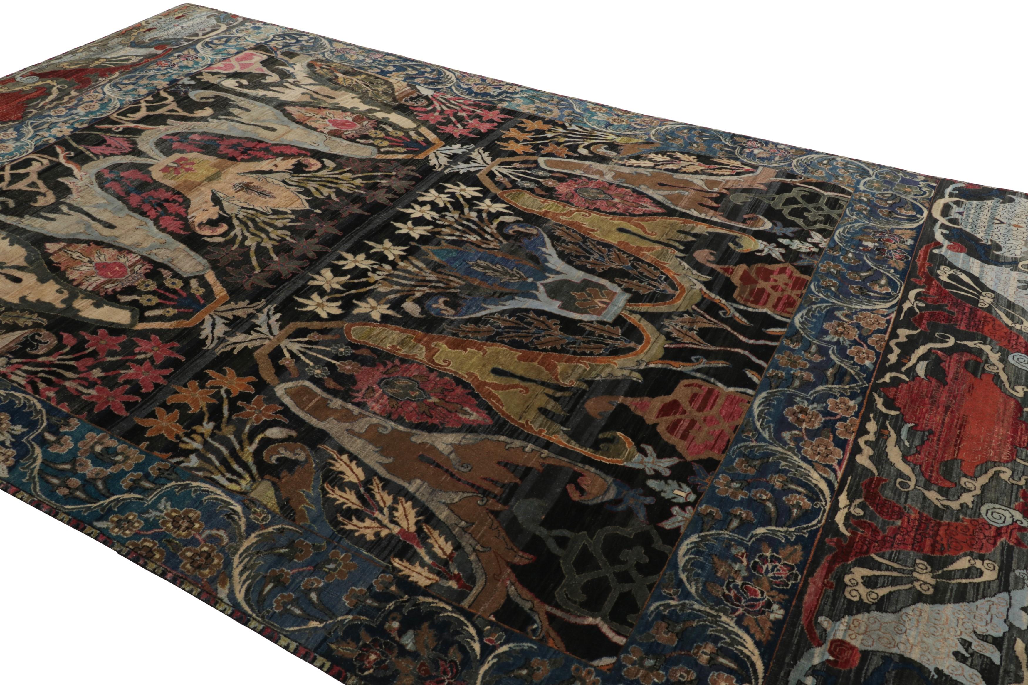 Indian Rug & Kilim’s Persian Bidjar Style Rug in Black with Polychromatic Florals For Sale