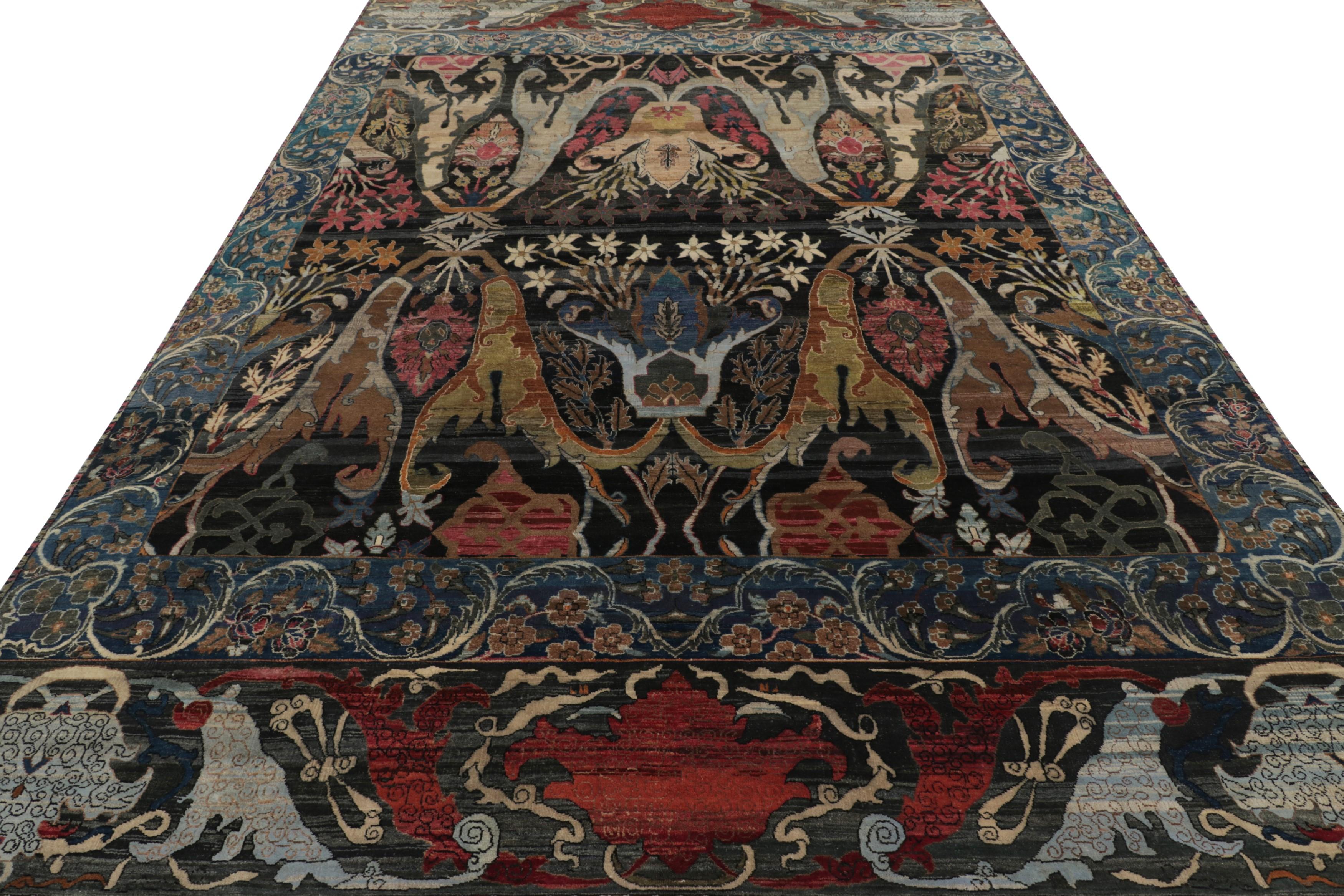 Hand-Knotted Rug & Kilim’s Persian Bidjar Style Rug in Black with Polychromatic Florals For Sale