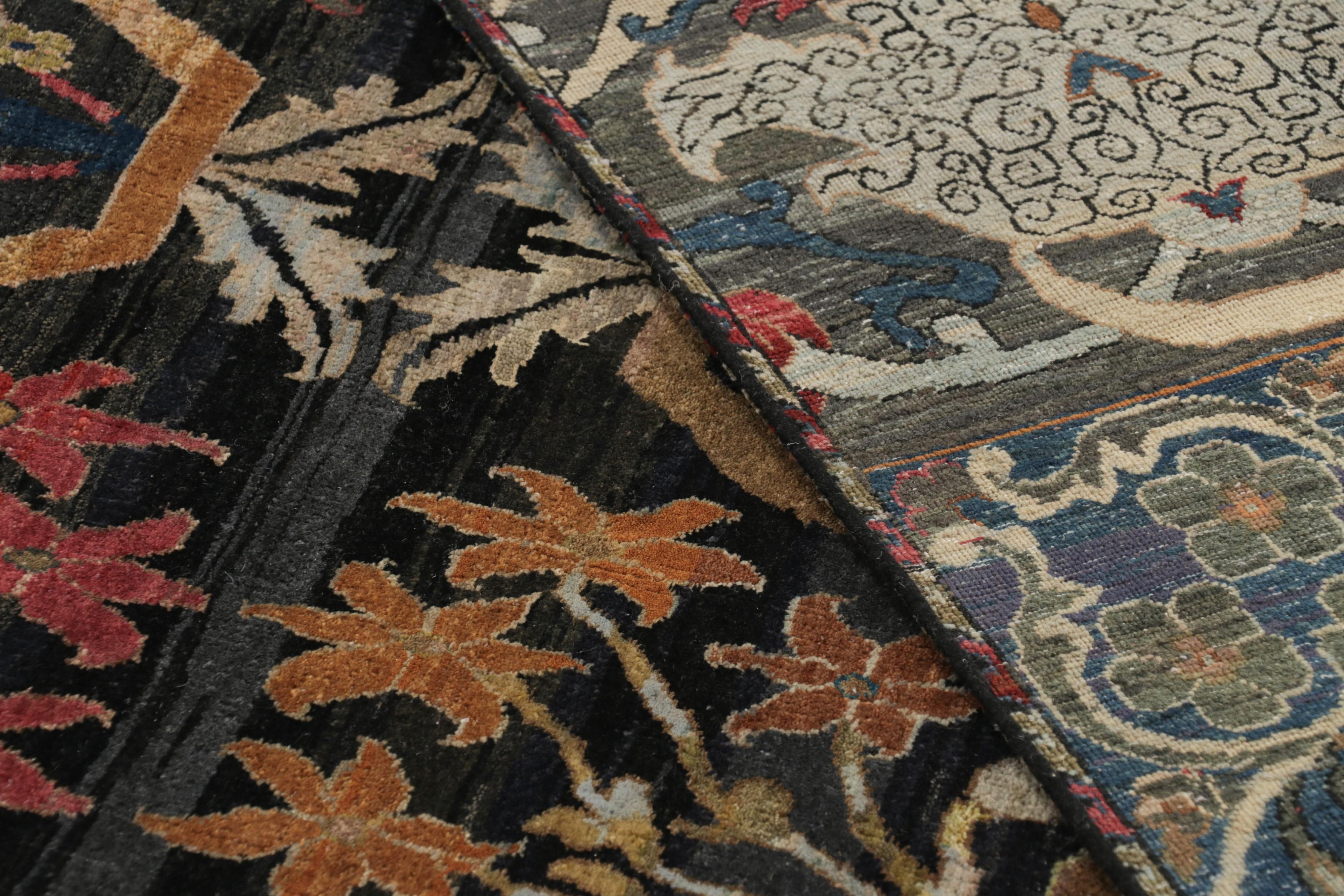 Wool Rug & Kilim’s Persian Bidjar Style Rug in Black with Polychromatic Florals For Sale